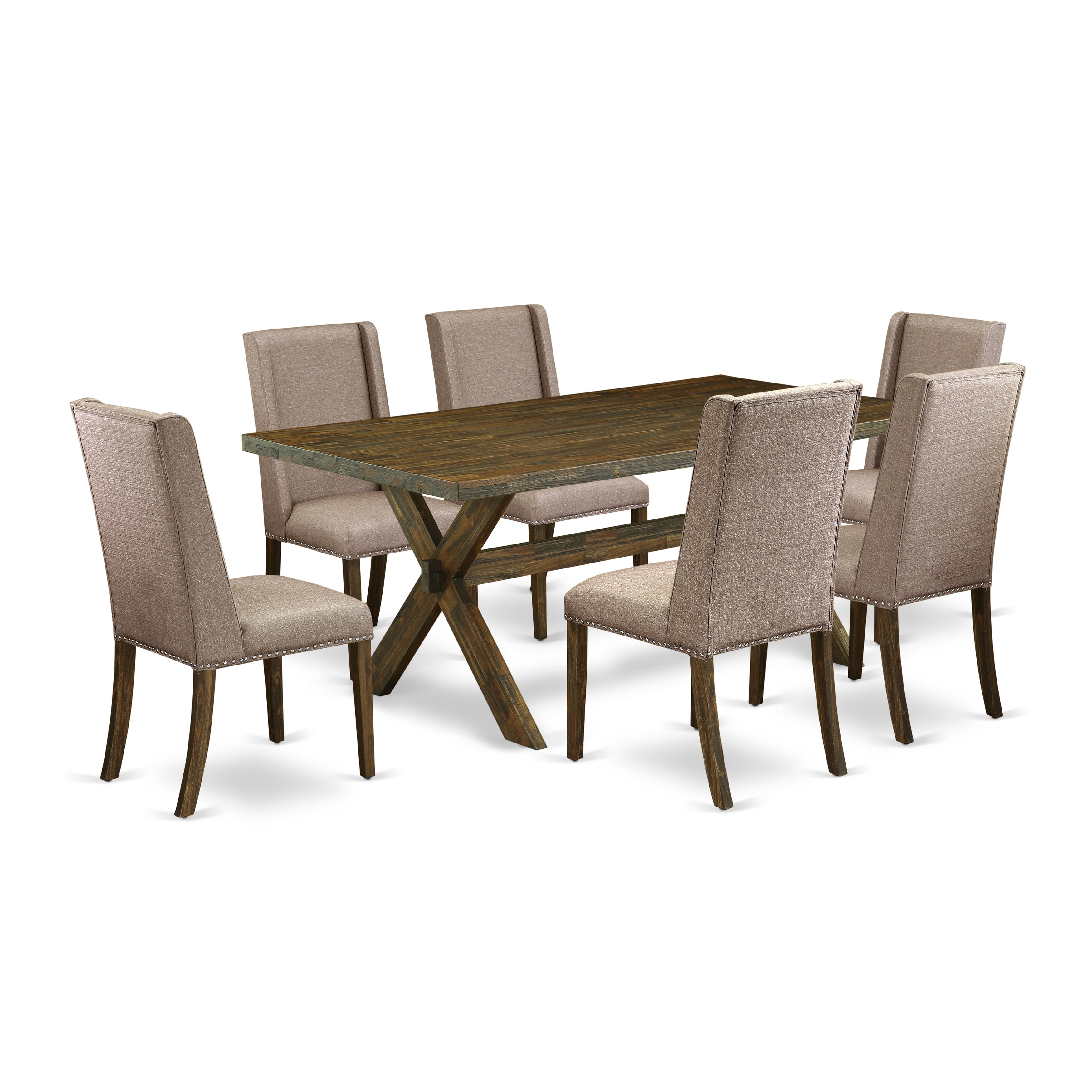 East West Furniture X777FL716-7 7-Pc a wonderful Distressed Jacobean modern dining table top and 6 Beautiful parson chairs with Nail heads and High Stylish Chair Back, Distressed Jacobean Finish