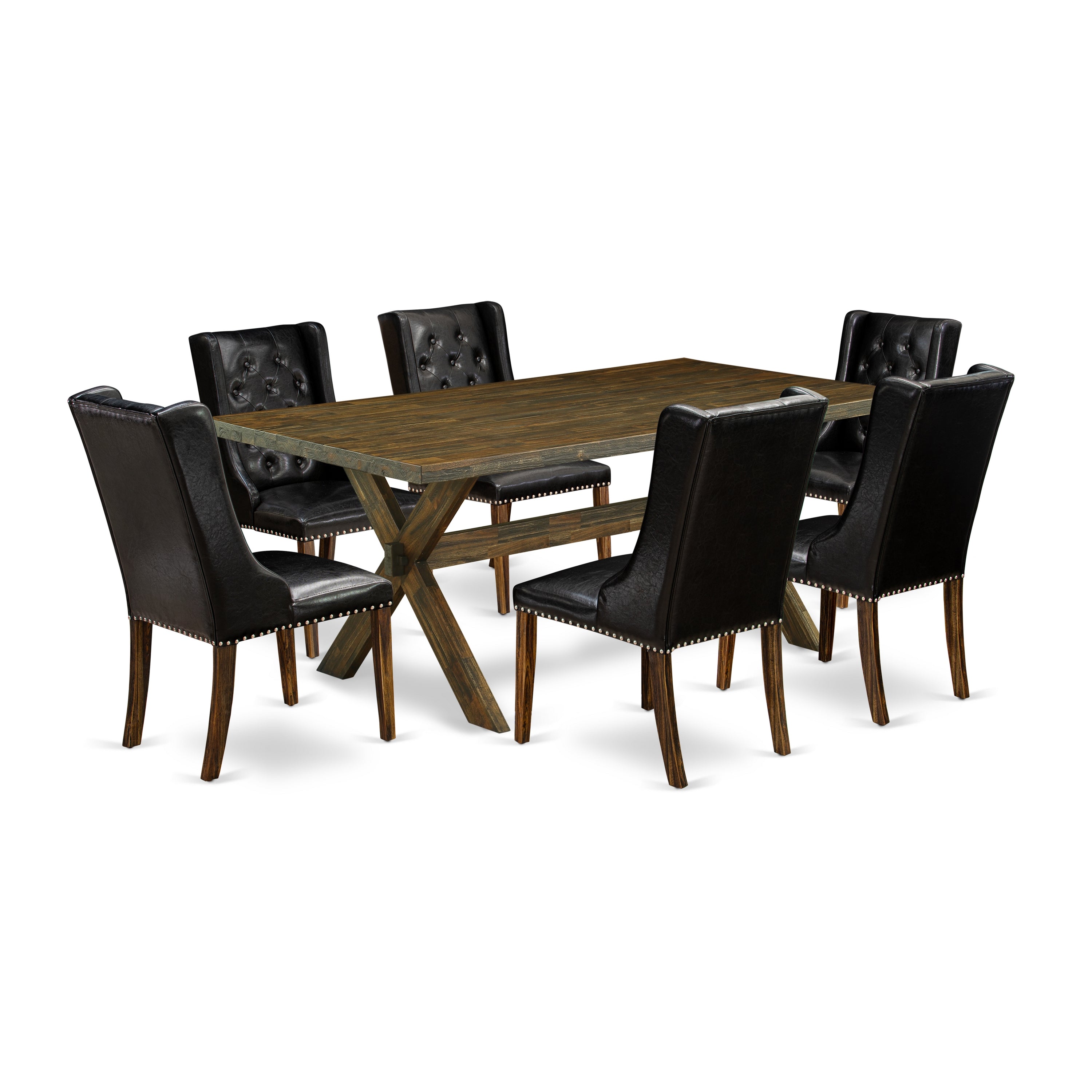 East West Furniture X777FO749-7 7 Piece Dining Room Set - 6 Black Pu faux Leather Upholstered Chair Button Tufted with Nailheads and Mid Century Dining Table - Distressed Jacobean Finish
