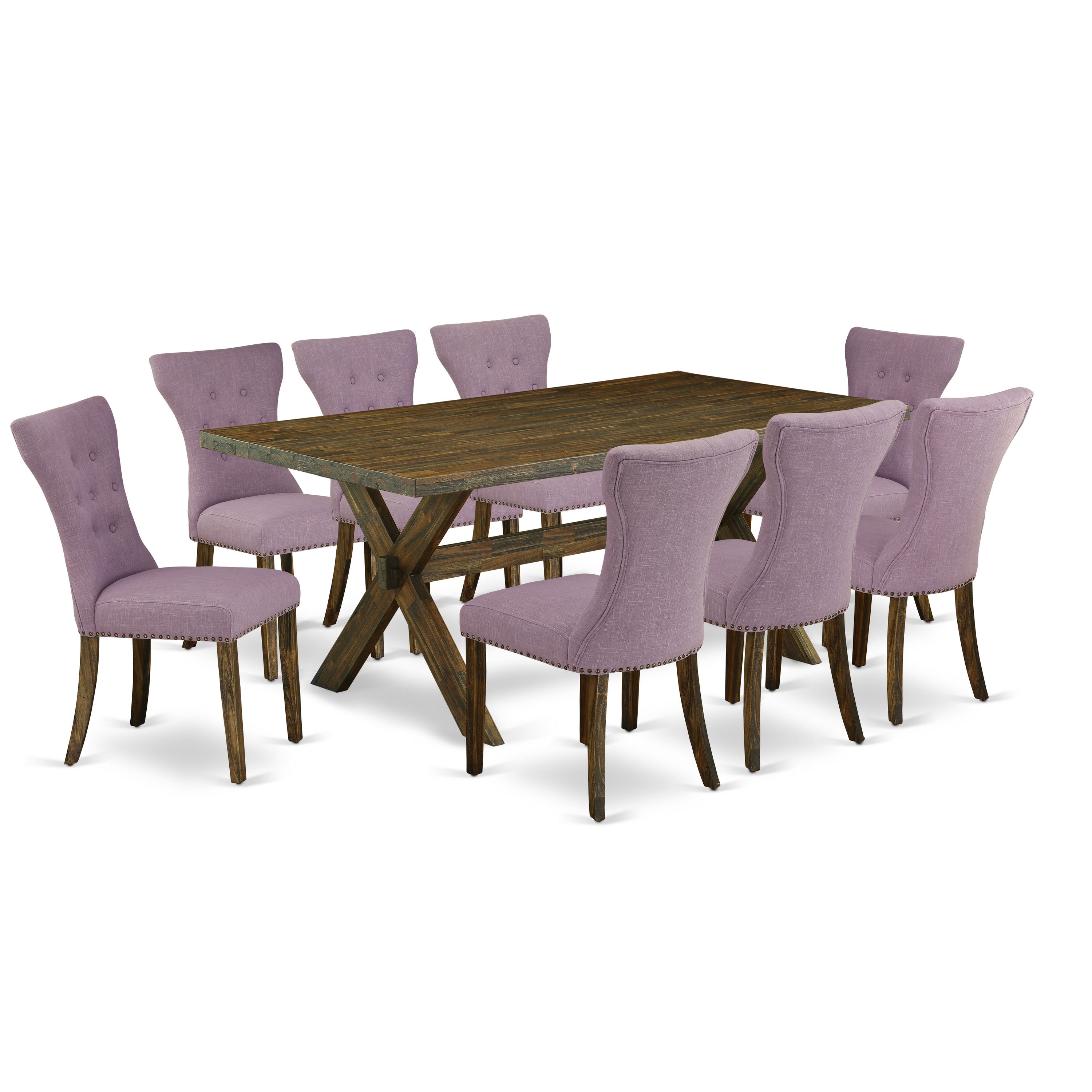 East West Furniture X777GA740-9 9-Pc a beautiful Distressed Jacobean kitchen table top and 8 Gorgeous padded parson chairs with Nail heads and Button Tufted, Distressed Jacobean Finish.