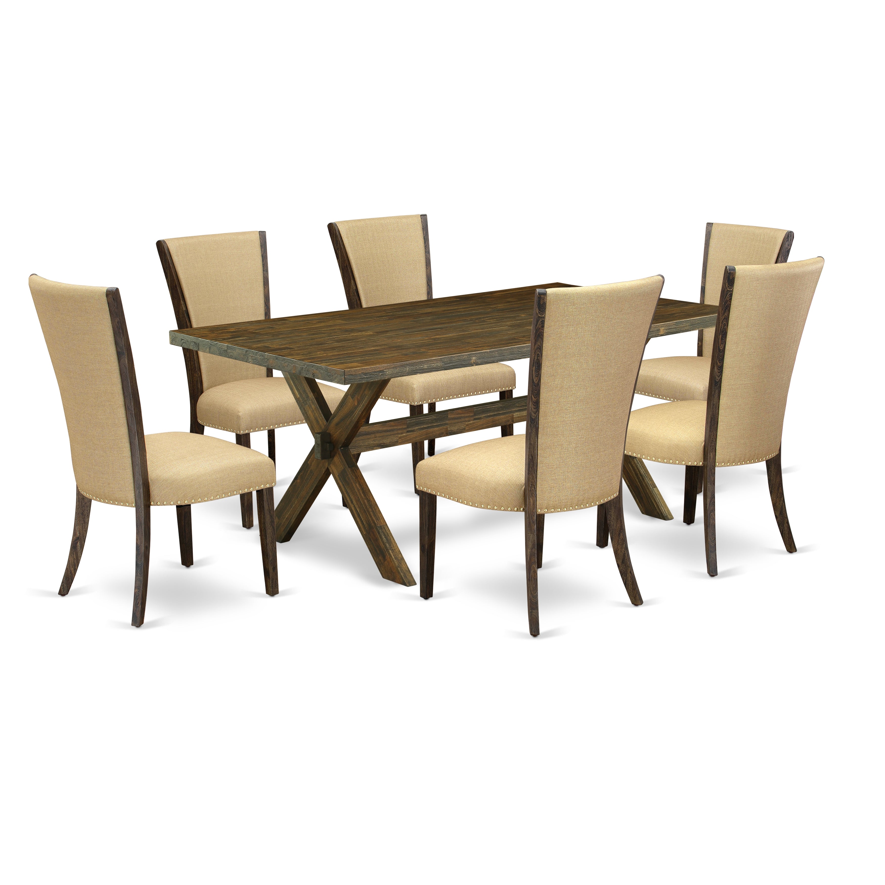 East West Furniture X777VE703-7 7Pc Kitchen Table Set Consists of a Rectangular Table and 6 Parson Dining Chairs with Brown Color Linen Fabric, Medium Size Table with Full Back Chairs, Distressed Jacobean Finish