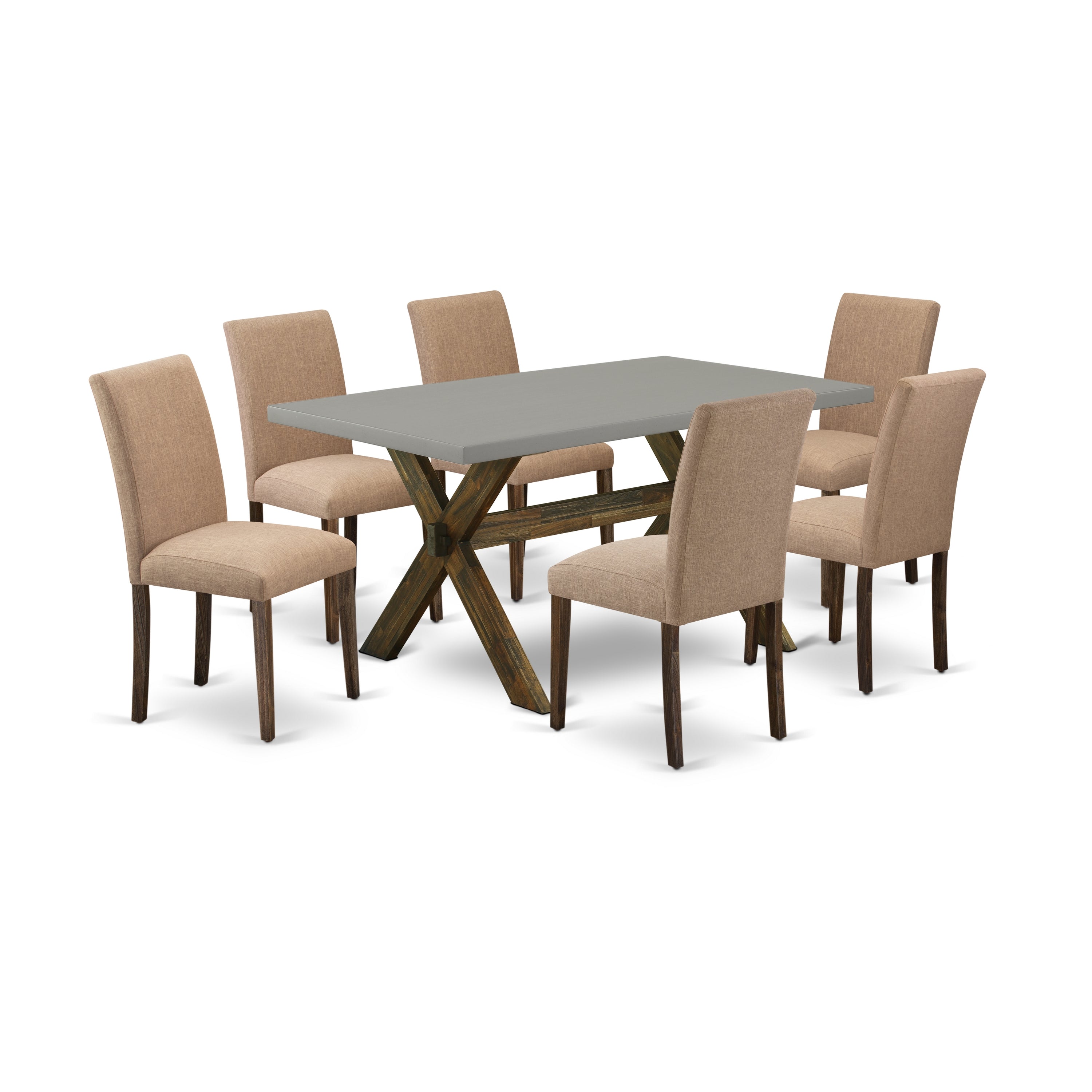 Juego de mesa de comedor moderna de 7 piezas East West Furniture X796AB747-7 compuesto por una mesa rectangular de madera con patas en forma de X y 6 sillas tapizadas en tela de lino color sable claro.