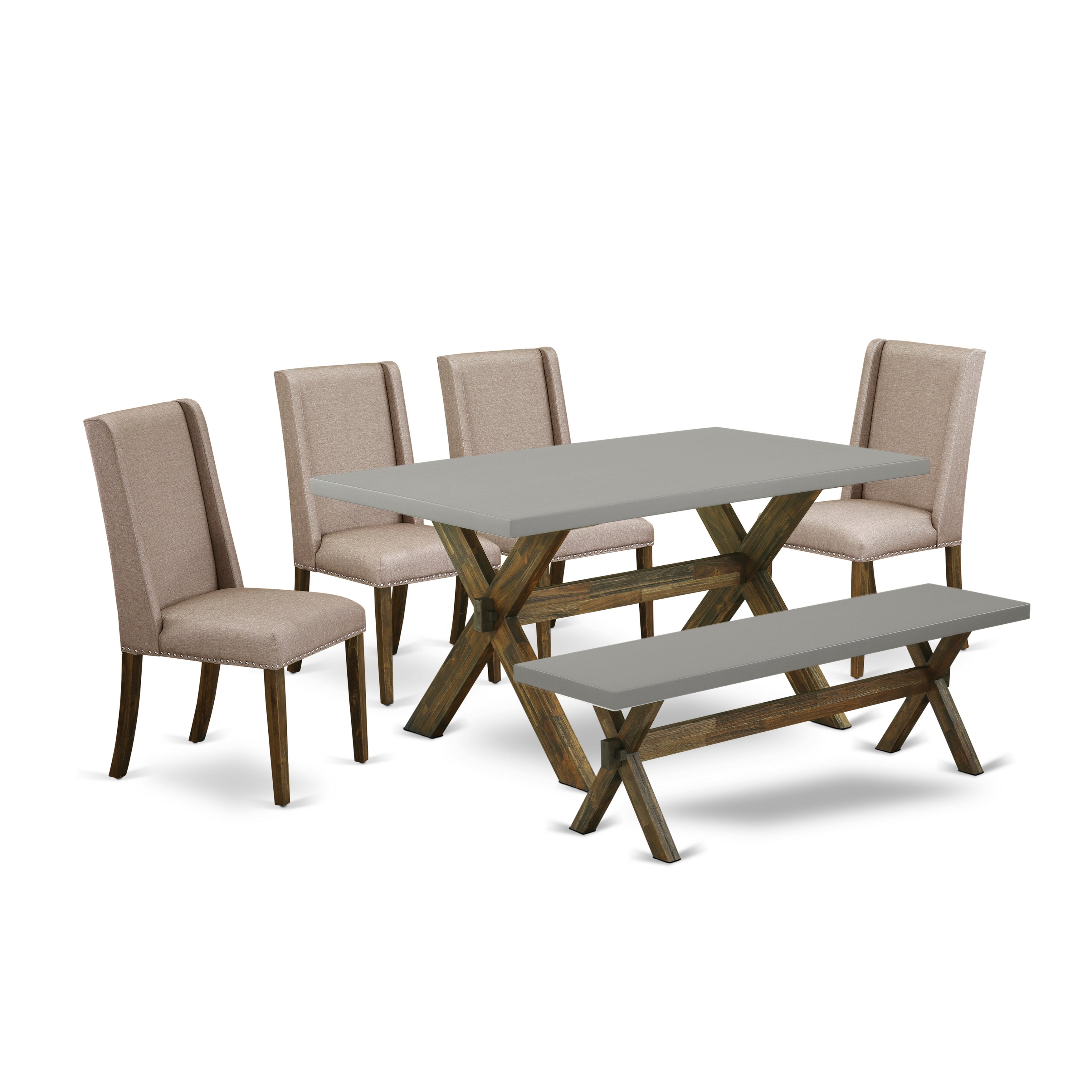 East West Furniture X796FL716-6 6-Pc dining table set-Dark Khaki Linen Fabric Seat and High Stylish Chair Back dining room chairs, A Rectangular Bench and Rectangular top Dining room Table with Solid Wood Legs - Cement and Distressed Jacobean Finish