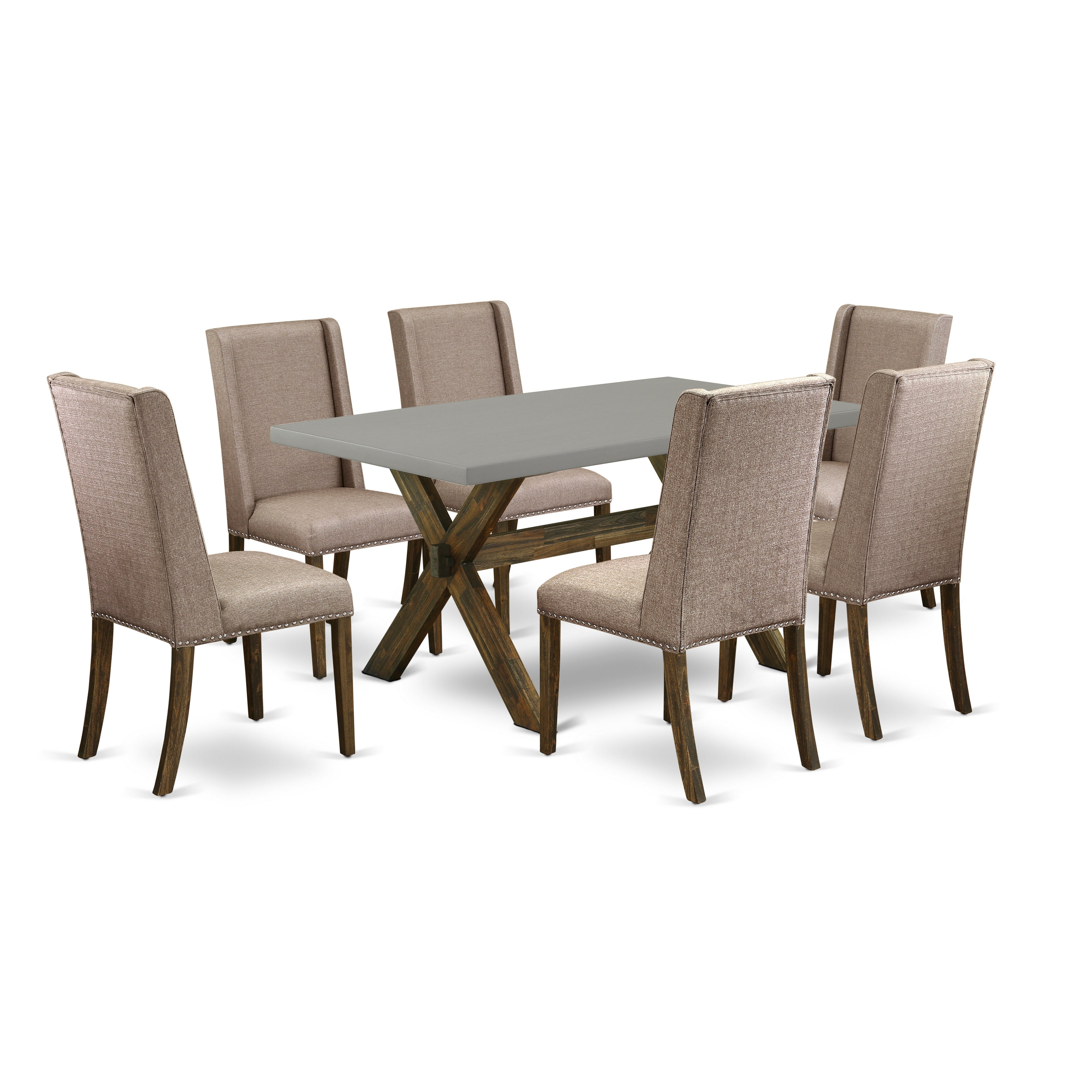 East West Furniture X796FL716-7 7-Pc kitchen table set a fantastic Cement Color modern dining table top and 6 Fantastic Kitchen Parson Chair with Nail heads and High Stylish Chair Back, Distressed Jacobean Finish