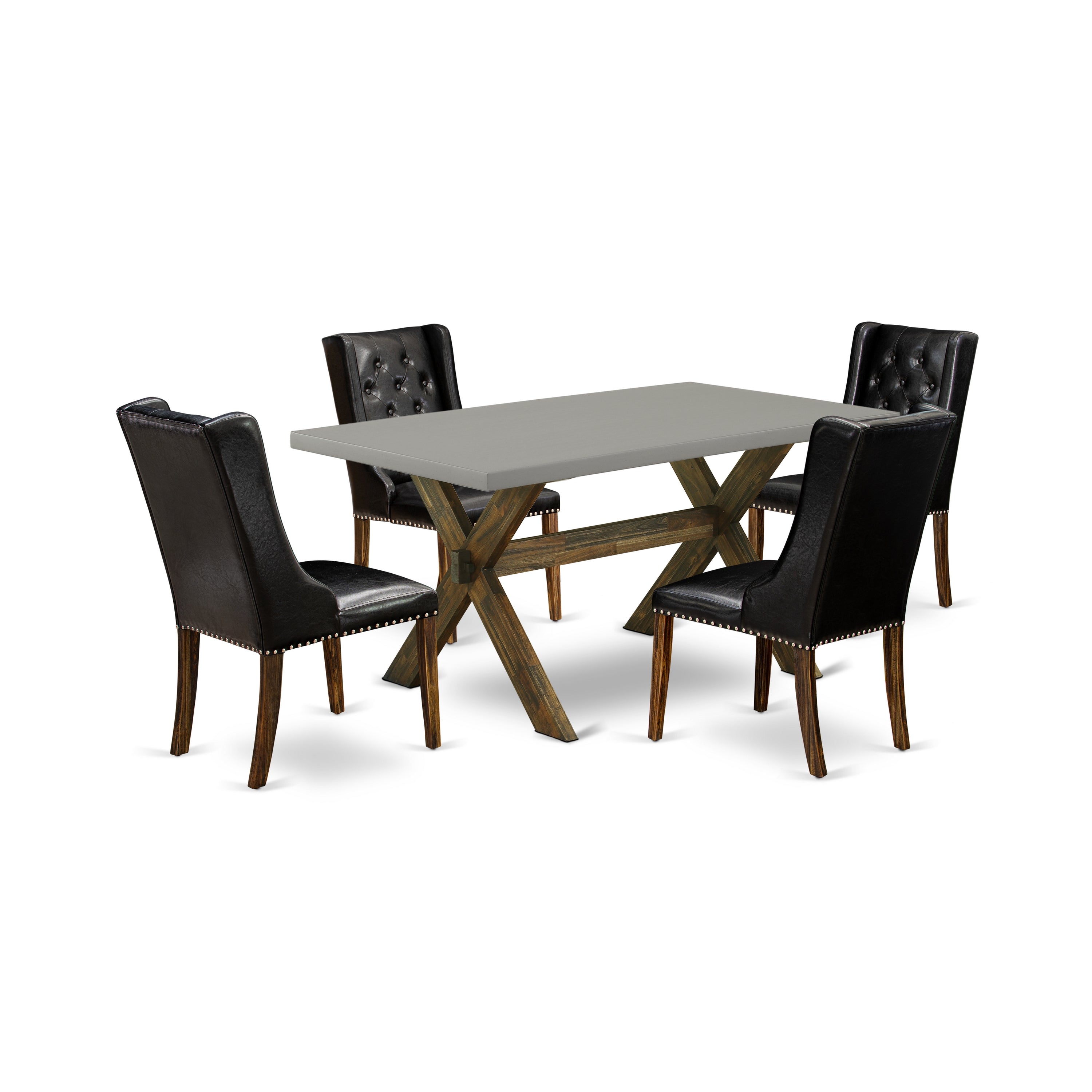 East West Furniture X796FO749-5 5-Piece Kitchen Table Set consists of 4 Black Pu faux Leather Parson Dining Chairs Button Tufted with Nailheads and Cement Wooden Dining Table - Distressed Jacobean Finish