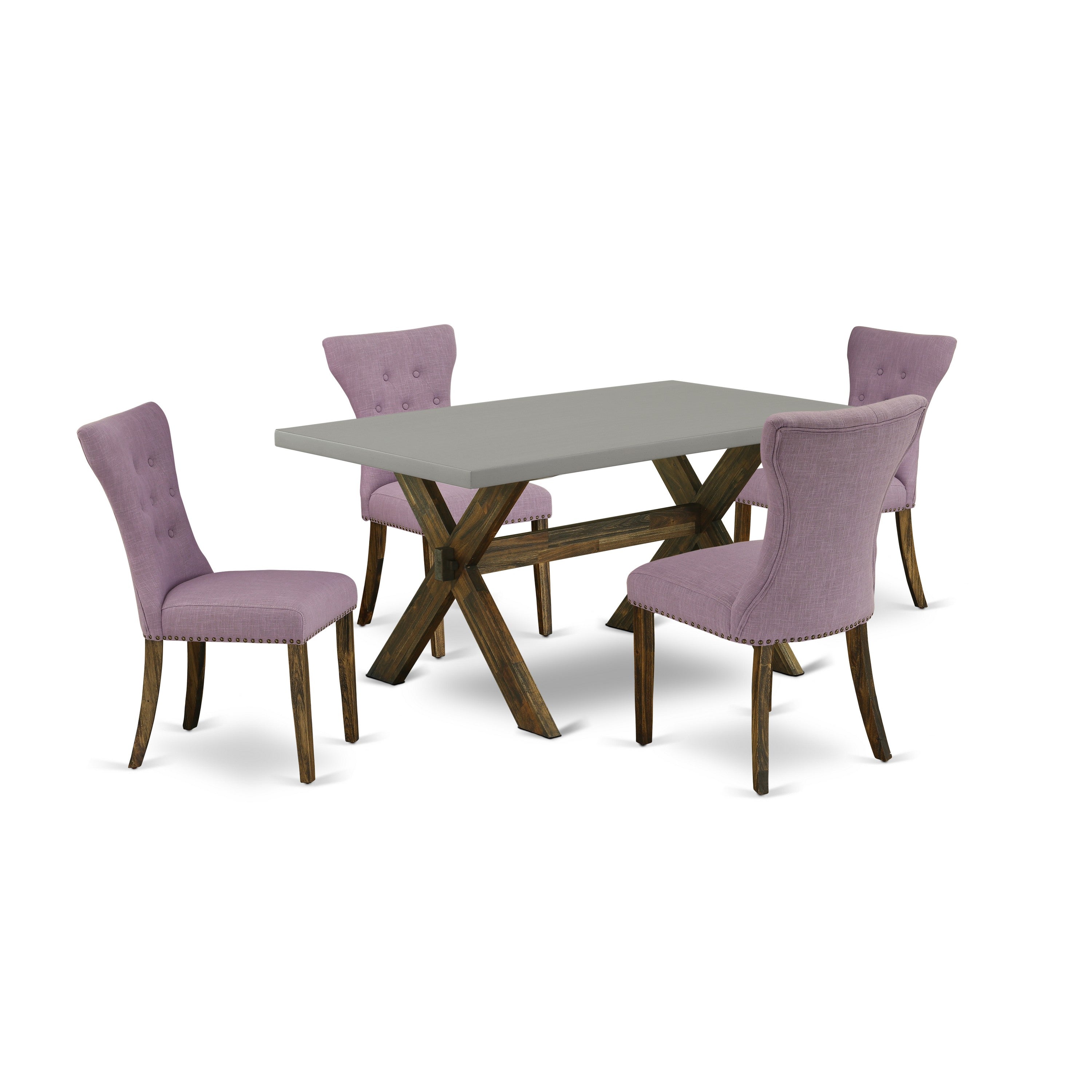El juego de mesa de comedor de 5 piezas East West Furniture X796GA740-5 incluye una mesa de cocina rectangular con patas en forma de X y 4 sillas de comedor Parsons de tela de lino Dahlia.