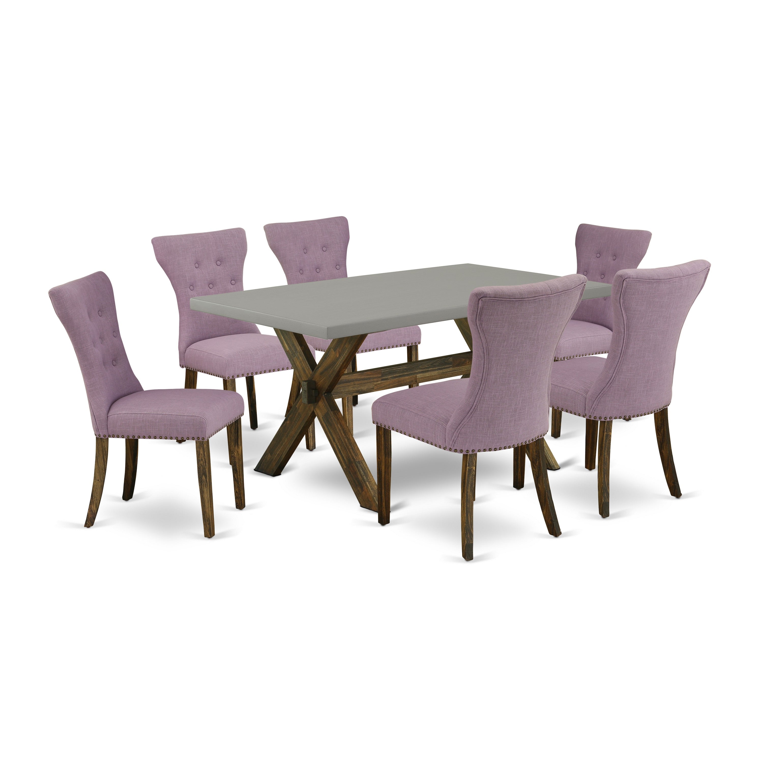 East West Furniture X796GA740-7 7-Piece Rectangular Dinette Set a beautiful Cement Color Small Dining Table top and 6 Fantastic Parson chairs with Nail Heads and Button Tufted, Distressed Jacobean Finish