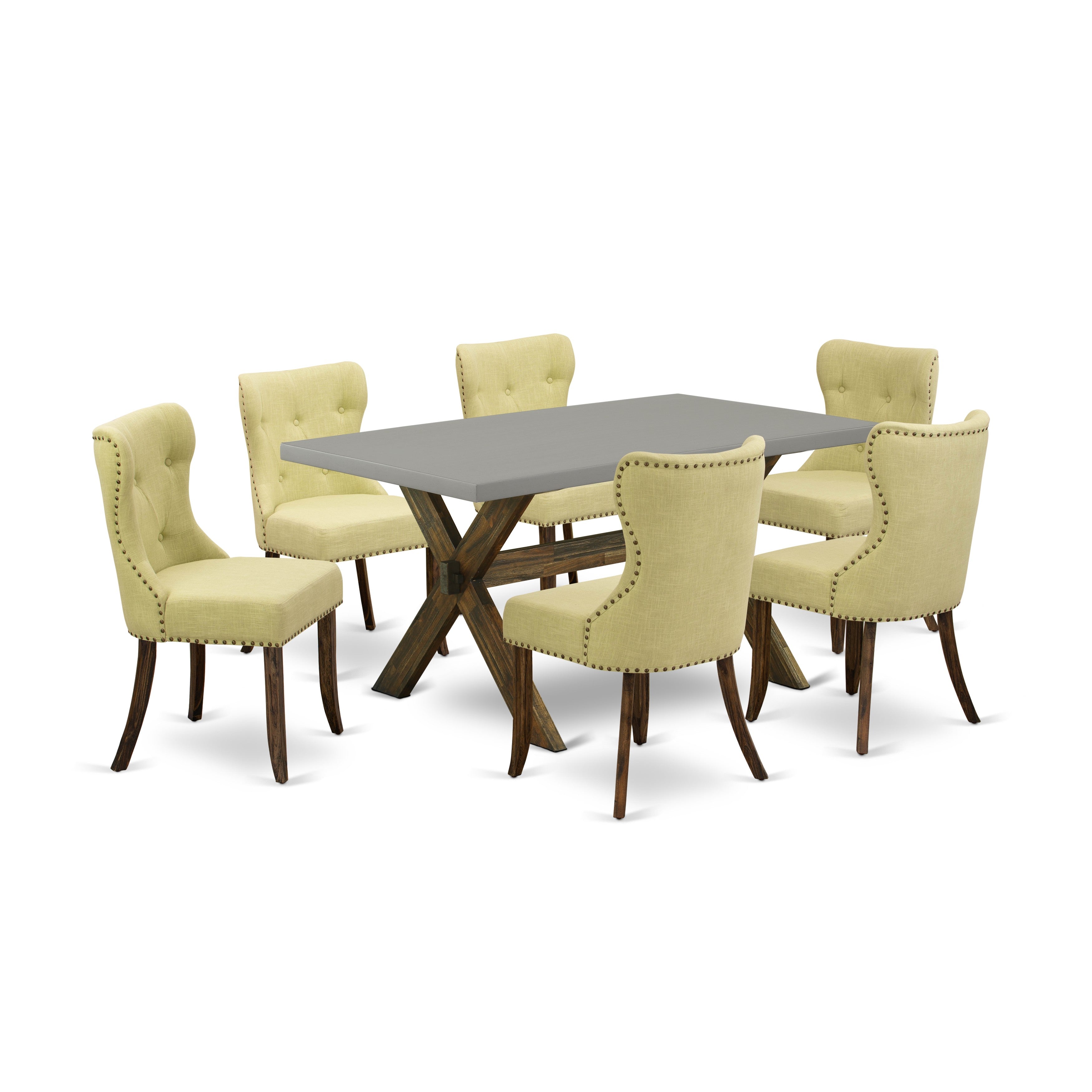 East West Furniture X796SI737-7 7-Pc Kitchen Table Set with Limelight Linen Fabric Seat and Button Tufted Chair Back Parson Chairs - Dining Room Table - Cement Finish