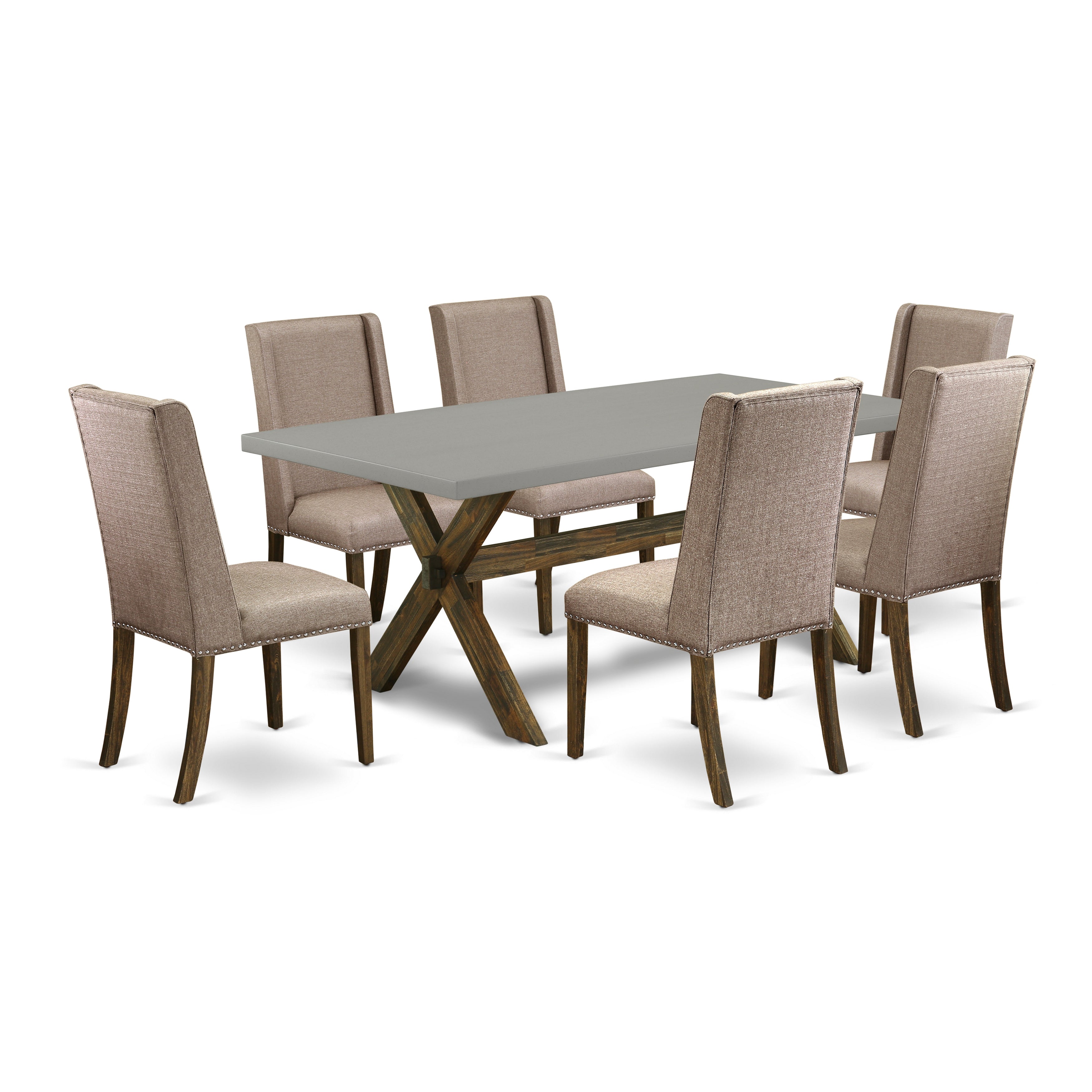 East West Furniture X797FL716-7 7-Pc dining room set a great Cement Color rectangular table top and 6 Fantastic Dining chairs with Nail heads and High Stylish Chair Back, Distressed Jacobean Finish