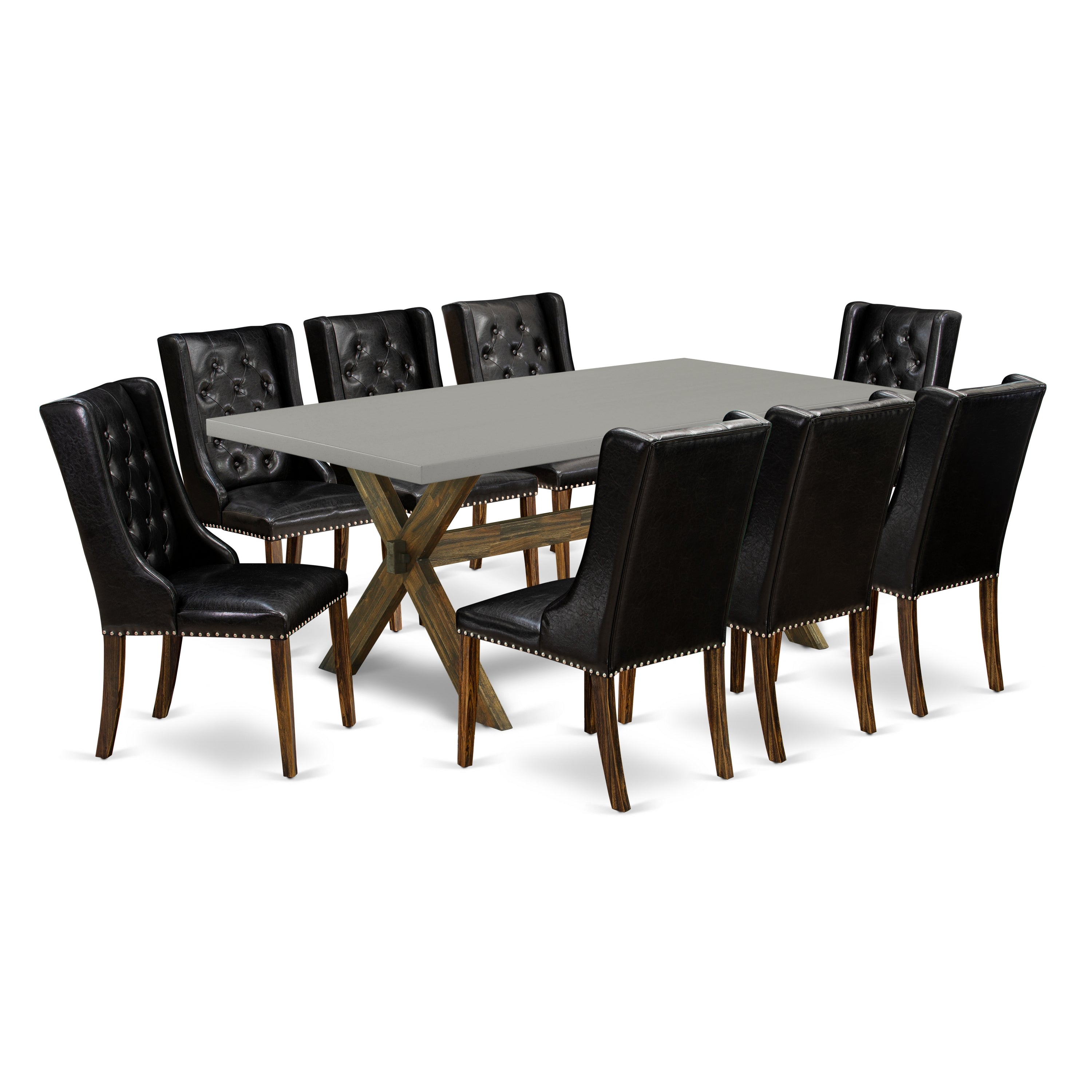 East West Furniture X797FO749-9 9-Piece Dining Room Table Set - 8 Black Pu faux Leather Dining Chair Button Tufted with Nail heads and Rectangular Table - Distressed Jacobean Finish