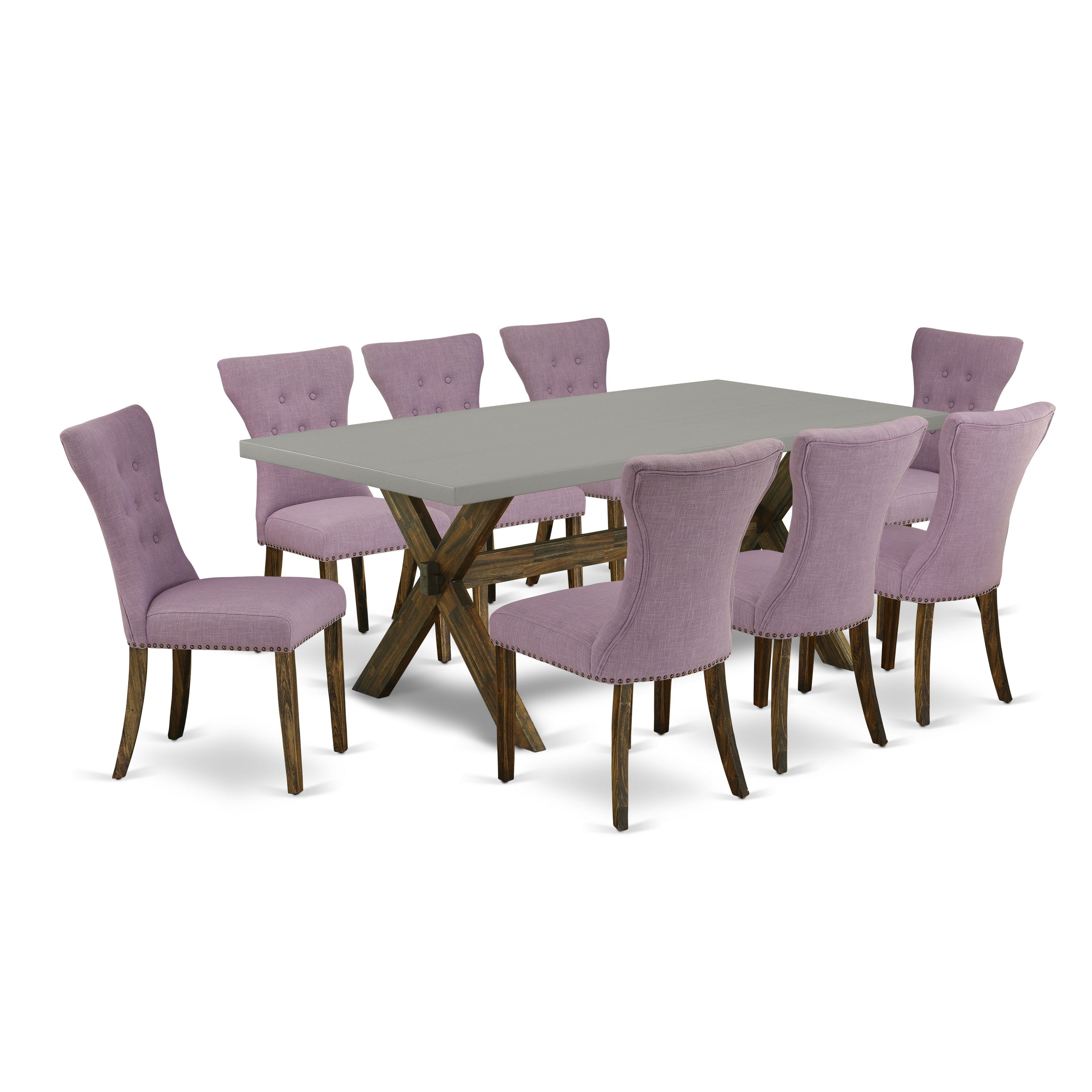 East West Furniture X797GA740-9 9-Piece kitchen table set a Fantastic Cement rectangular Table top and 8 Wonderful dining room chairs with Nail Heads and Button Tufted, Distressed Jacobean Finish