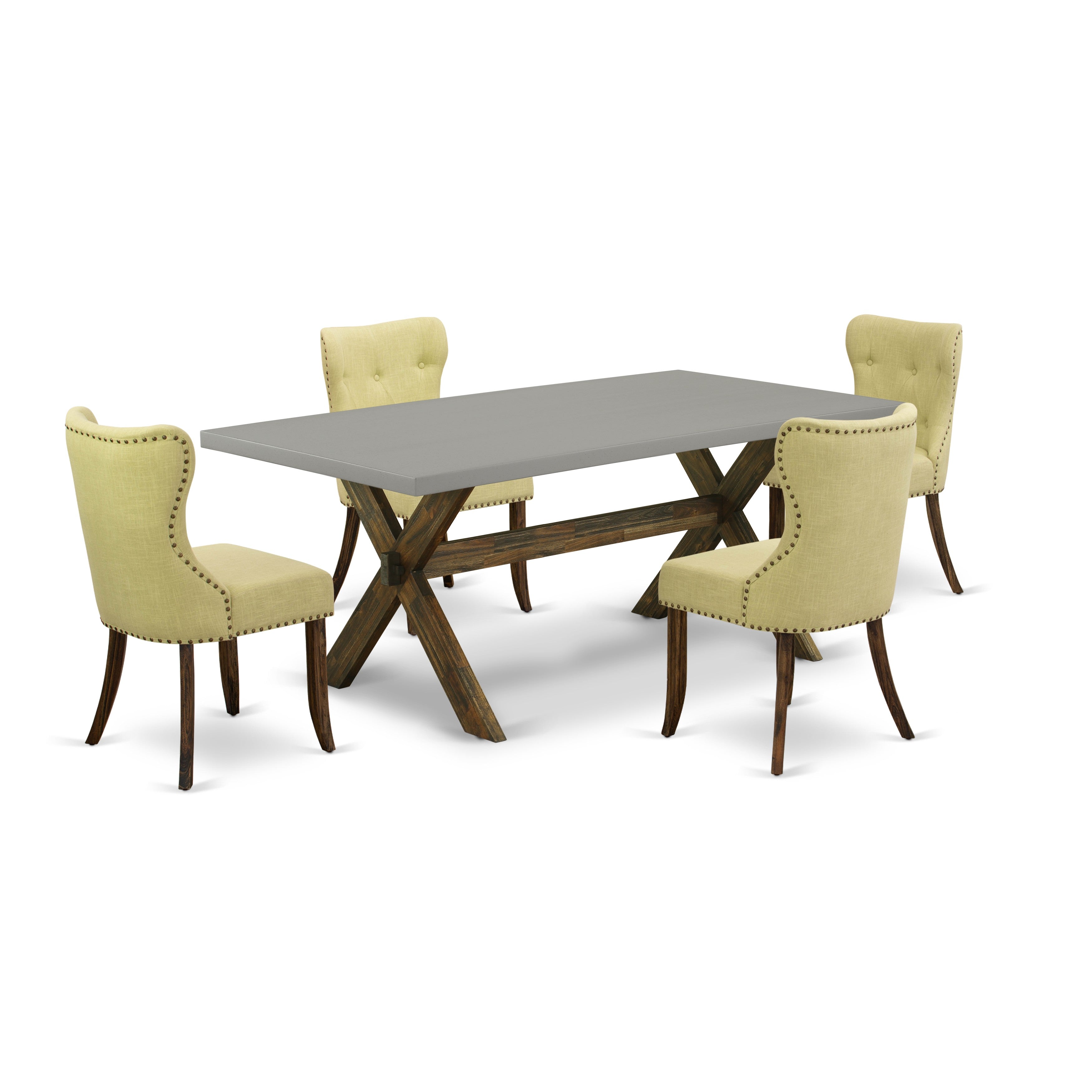 East West Furniture X797SI737-5 5-Piece Dining Room Table Set with Limelight Linen Fabric Seat and Button Tufted Chair Back kitchen chairs - Kitchen Dining Table - Cement Finish