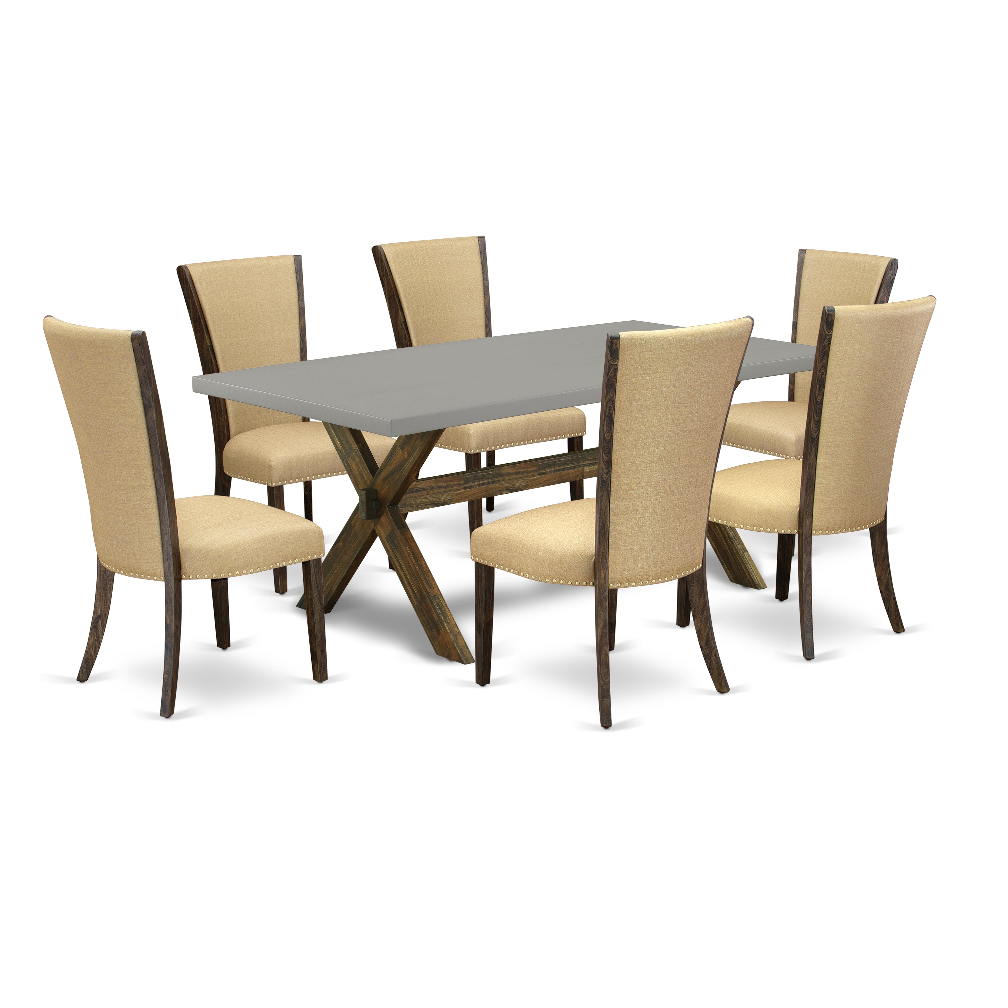 East West Furniture X797VE703-7 7Pc Kitchen Table Set Consists of a Rectangular Table and 6 Parsons Dining Chairs with Brown Color Linen Fabric, Medium Size Table with Full Back Chairs, Distressed Jacobean and Cement Finish