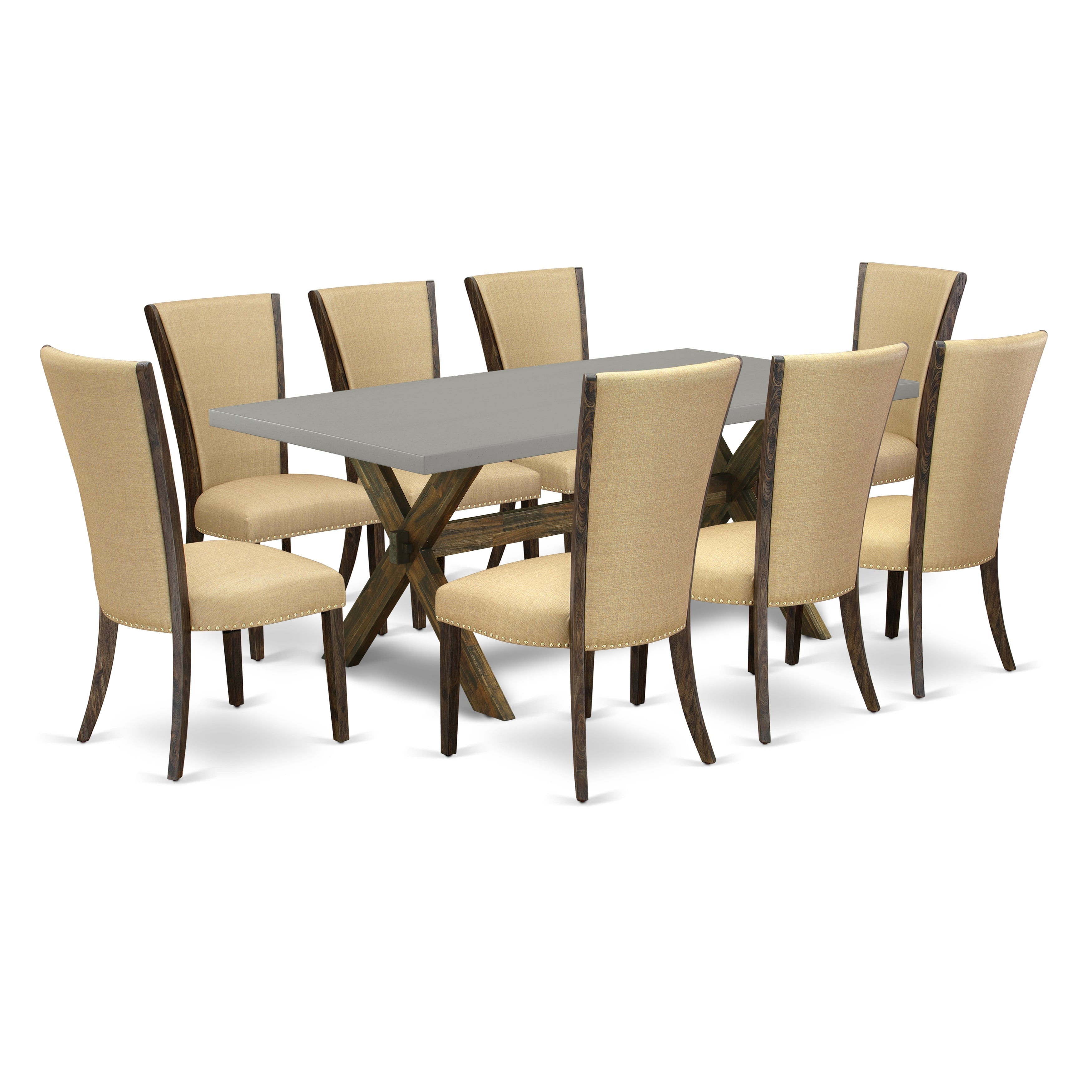 East West Furniture X797VE703-9 9Pc Kitchen Set Offers a Dining Table and 8 Parsons Dining Room Chairs with Brown Color Linen Fabric, Medium Size Table with Full Back Chairs, Distressed Jacobean and Cement Finish