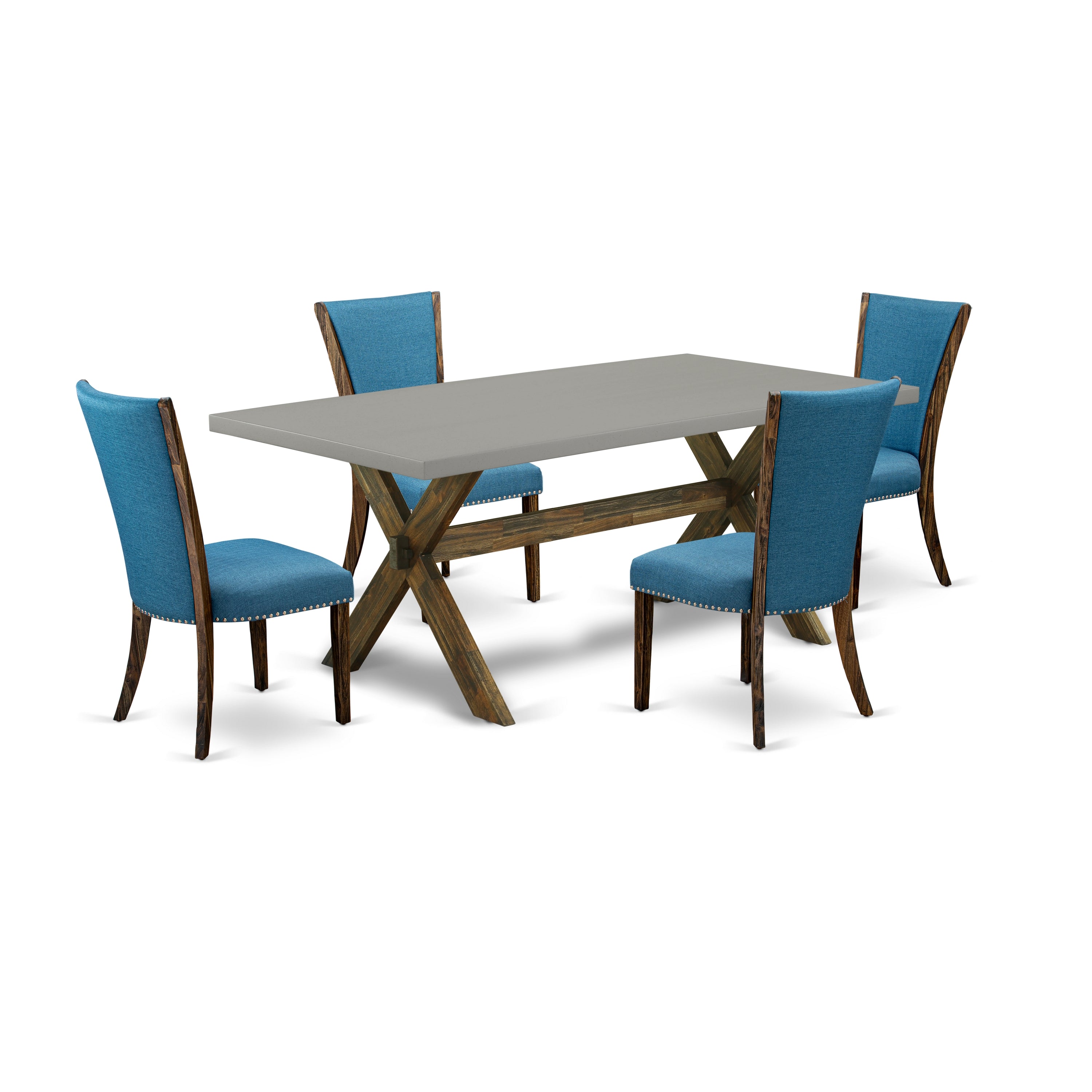 El juego de mesa de comedor de 5 piezas East West Furniture X797VE721-5 incluye una mesa de comedor rectangular con patas en forma de X y 4 sillas Parsons de tela de lino de color azul.