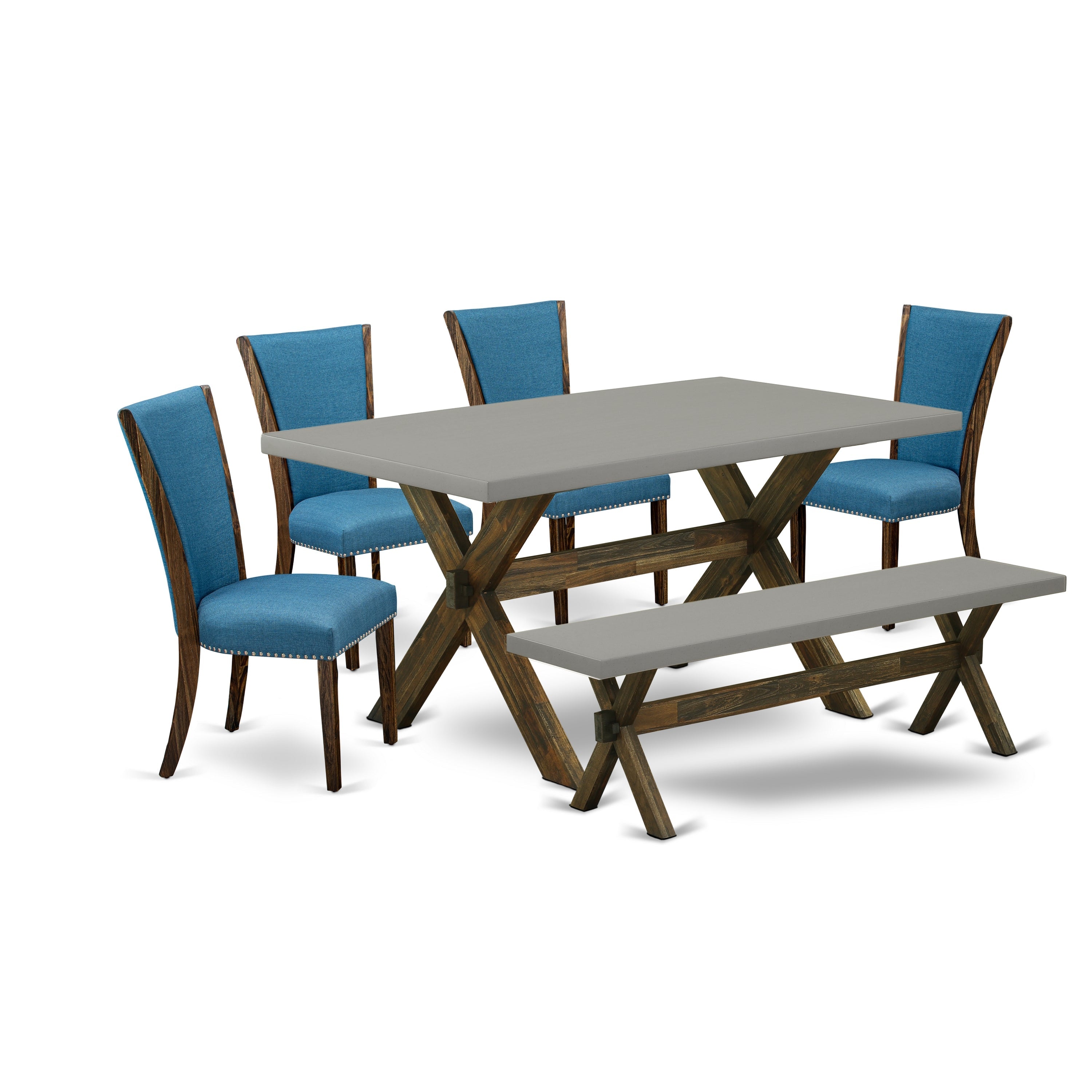East West Furniture X797VE721-6 6 Piece Mid Century Dining Set - 4 Blue Linen Fabric Upholstered Dining Chairs with Nailheads and Cement Dining Table - 1 Small Bench - Distressed Jacobean Finish