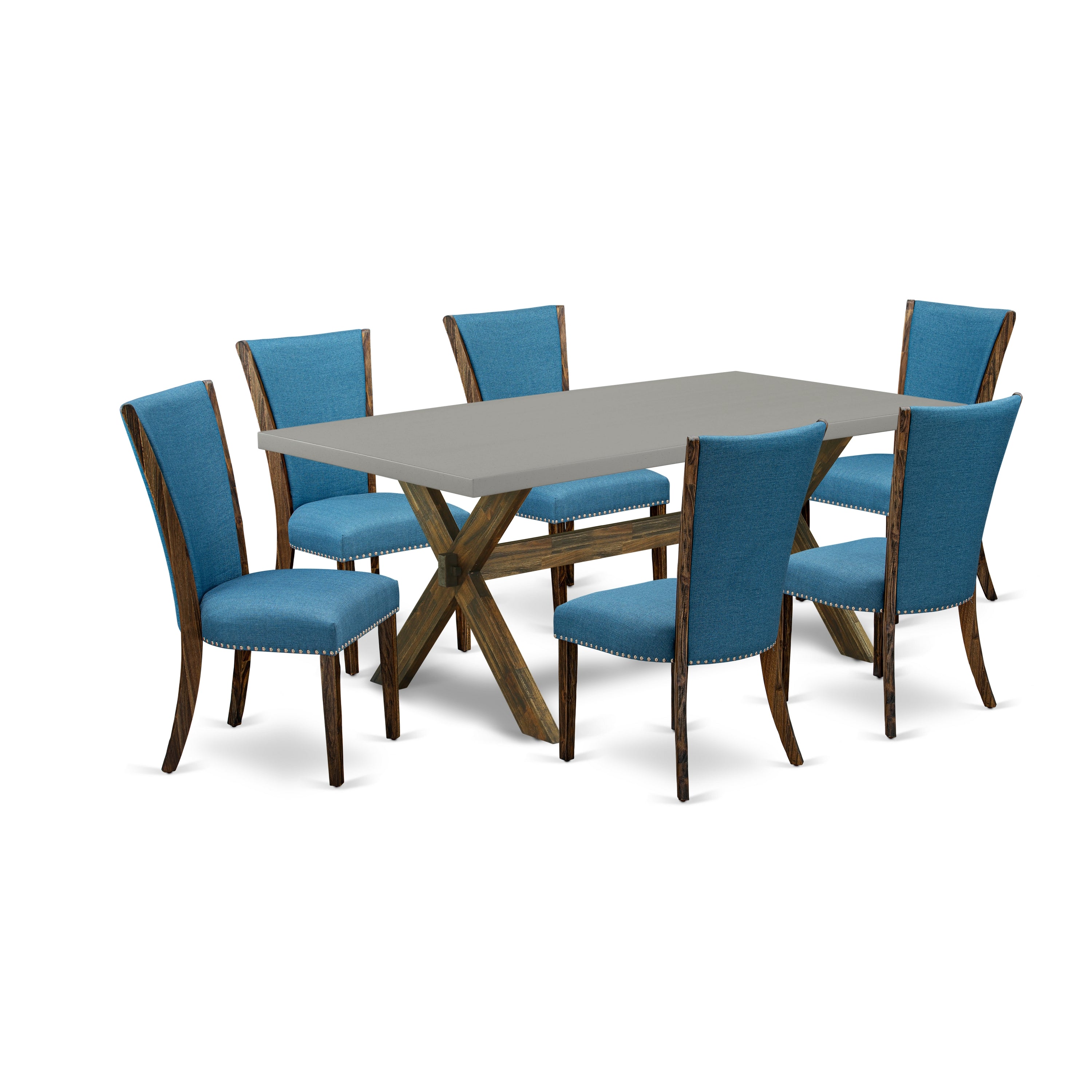 Juego de mesa de comedor moderna East West Furniture X797VE721-7 de 7 piezas compuesto por una mesa rectangular de madera con patas en forma de X y 6 sillas de comedor Parson de tela de lino azul.