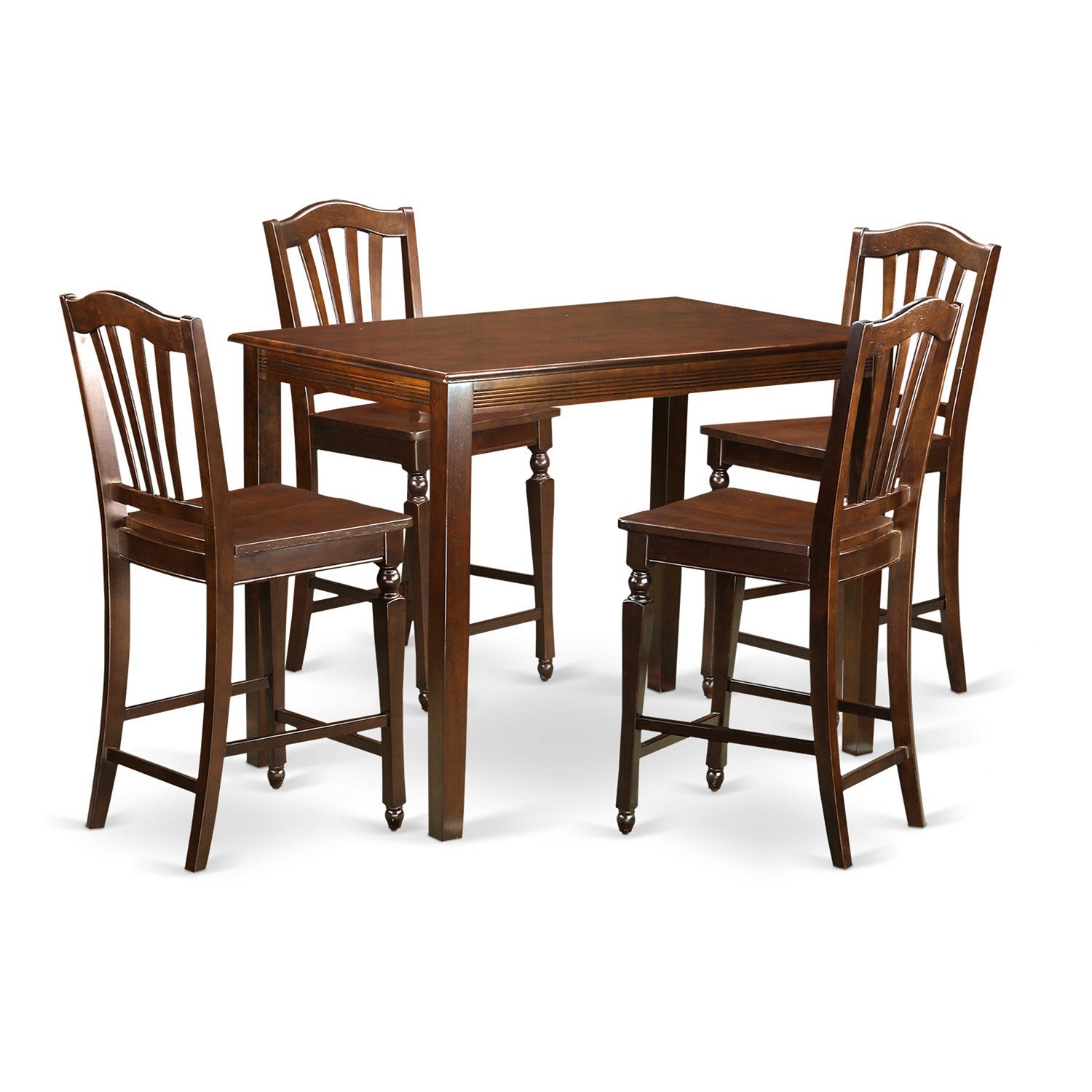 Juego de mesa de comedor de 5 piezas con altura de mostrador para cocina East West Furniture YACH5-MAH-W. Incluye una mesa de comedor rectangular y 4 sillas con asiento de madera.