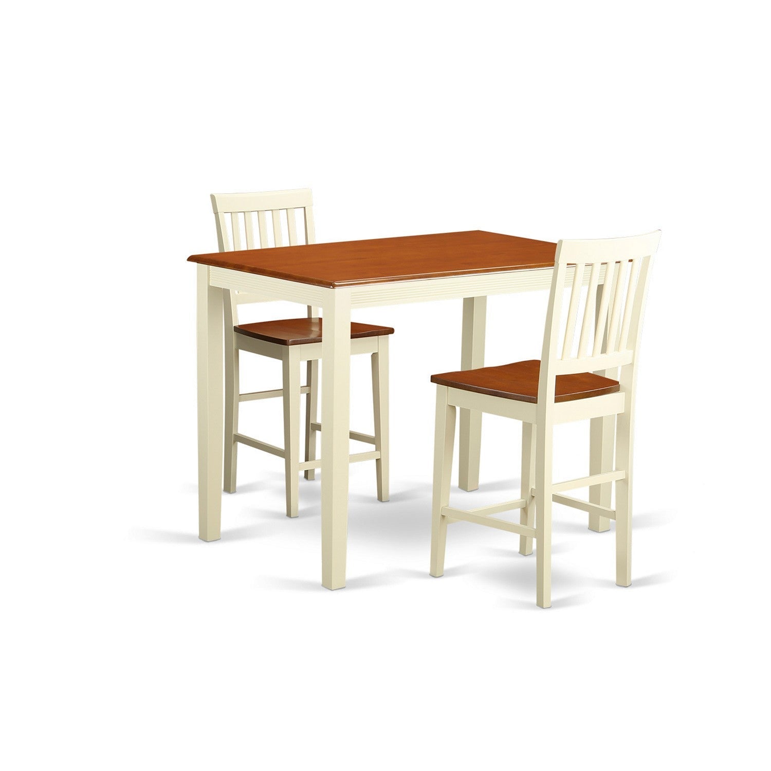 Juego de encimera de cocina de 3 piezas East West Furniture YAVN3-WHI-W para espacios pequeños. Contiene una mesa de comedor rectangular y 2 sillas de comedor.