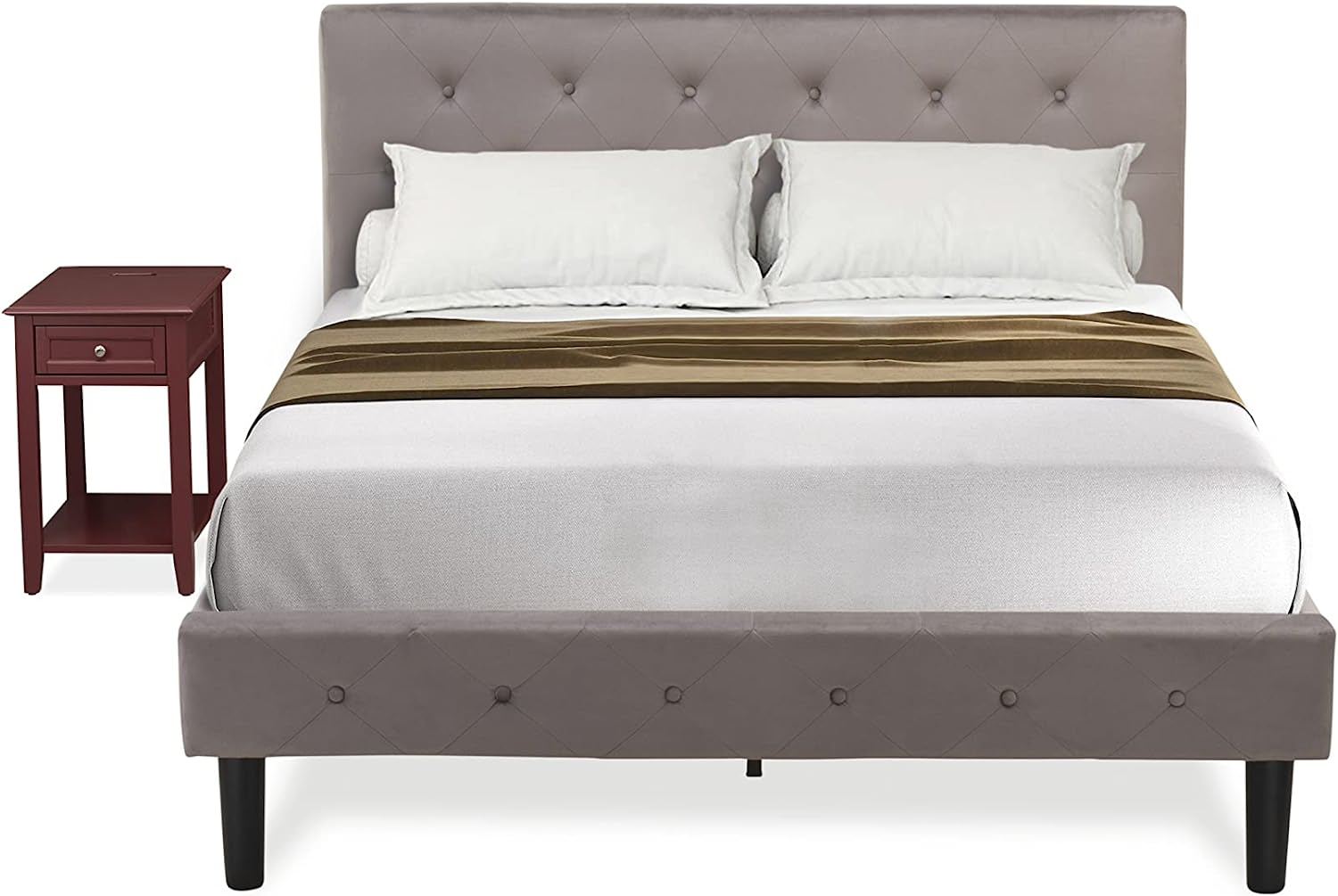 Juego de cama de 2 piezas East West Furniture NL14F-1DE13: estructura de cama tamaño matrimonial con botones capitoné, cabecera tapizada en terciopelo marrón topo y mesita de noche con acabado burdeos.