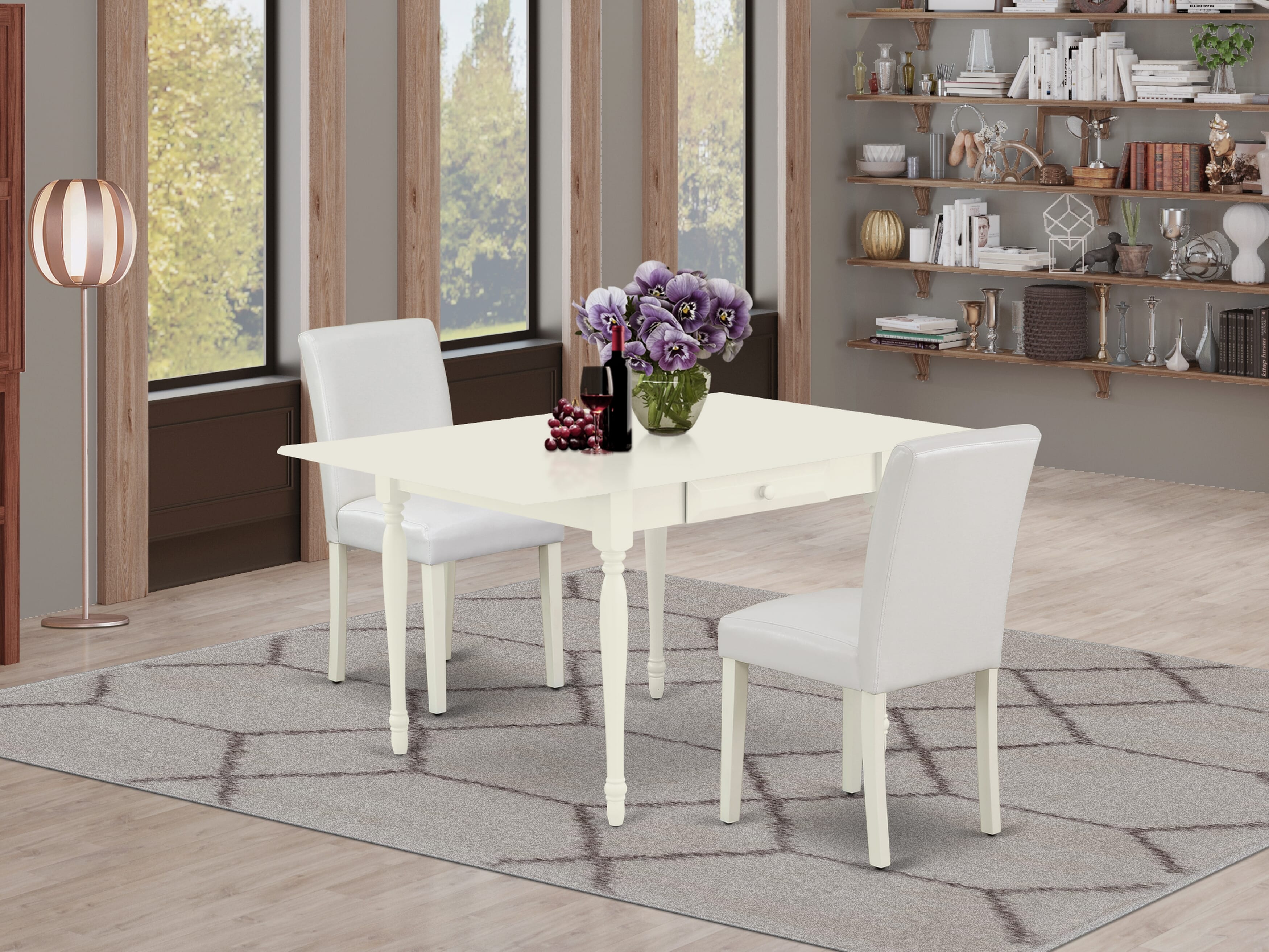 East West Furniture 1MZAB3-LWH-64 3Pc Dining Table Set for 2 Includes a Small Dining Table and 2 Parsons Chairs with White Color PU Leather, Drop Leaf Table with Full Back Chairs, Linen White Finish