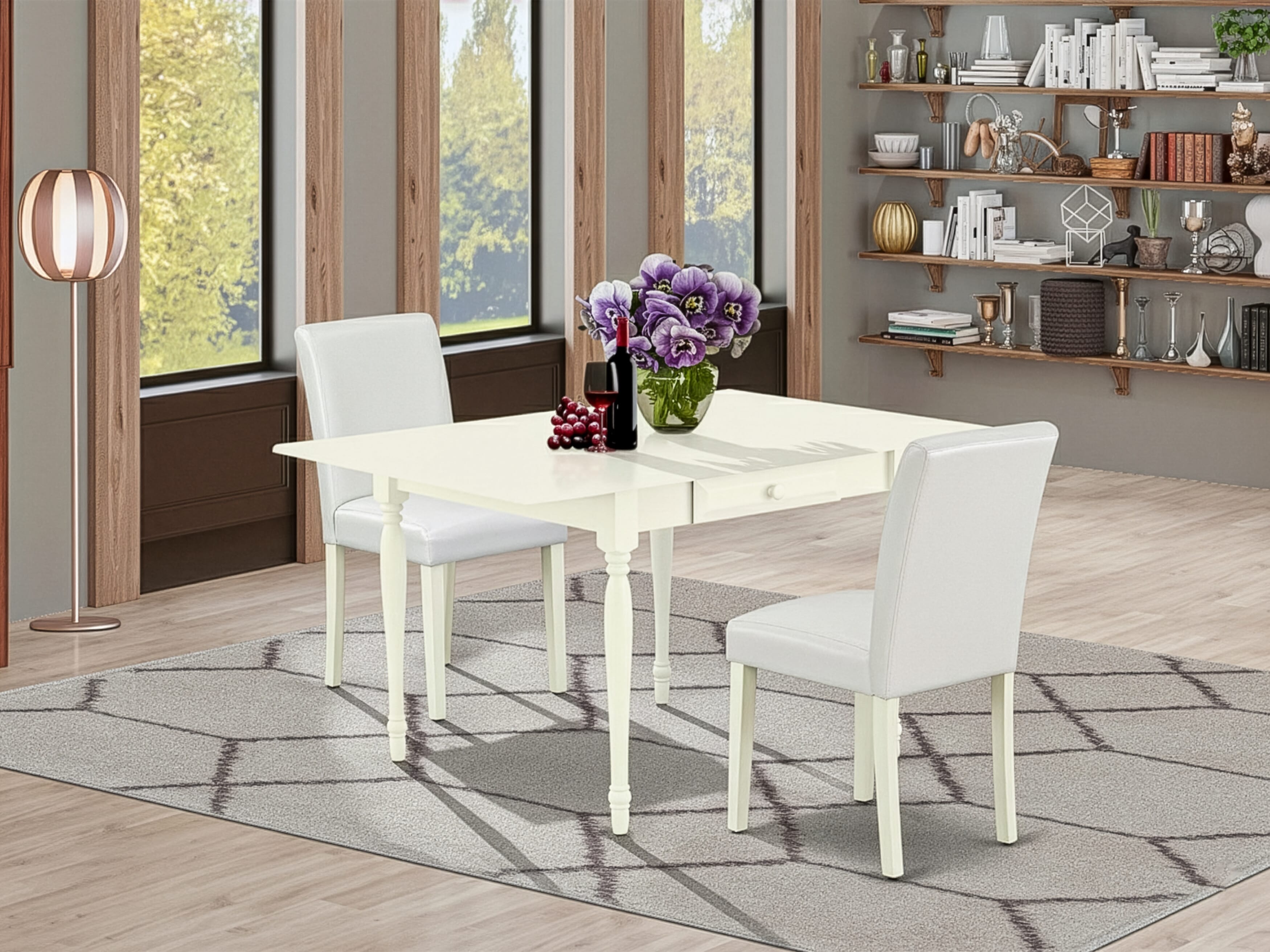 East West Furniture 1MZAB3-LWH-64 3Pc Dining Table Set for 2 Includes a Small Dining Table and 2 Parsons Chairs with White Color PU Leather, Drop Leaf Table with Full Back Chairs, Linen White Finish