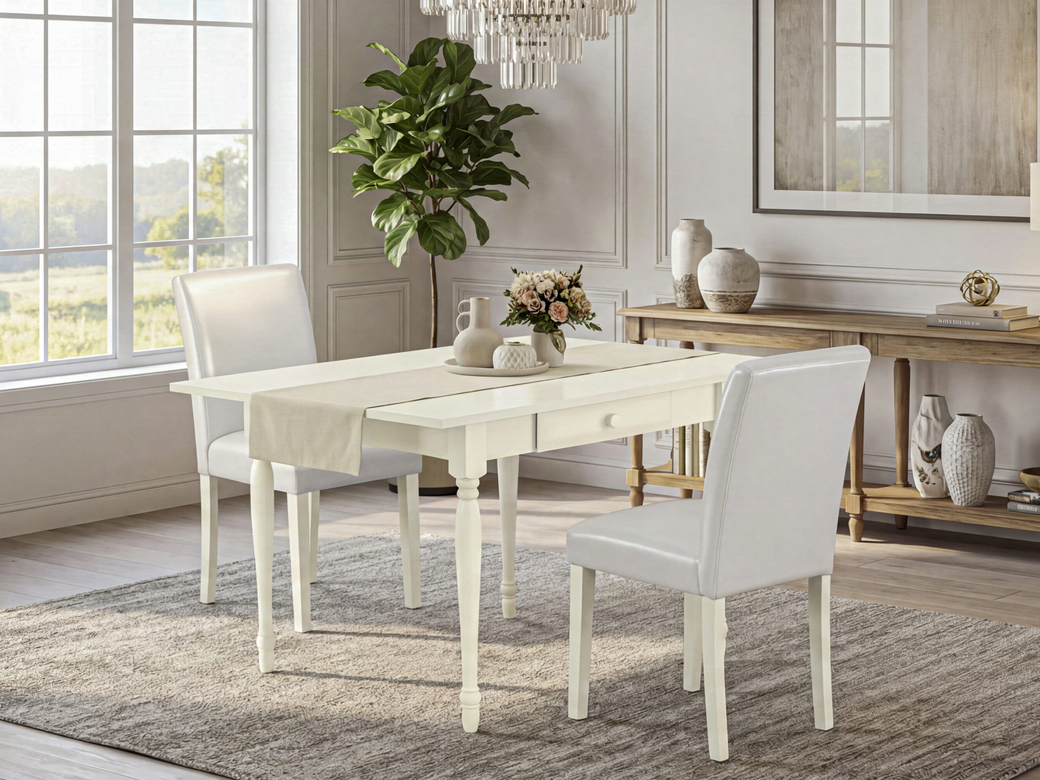 East West Furniture 1MZAB3-LWH-64 3Pc Dining Table Set for 2 Includes a Small Dining Table and 2 Parsons Chairs with White Color PU Leather, Drop Leaf Table with Full Back Chairs, Linen White Finish