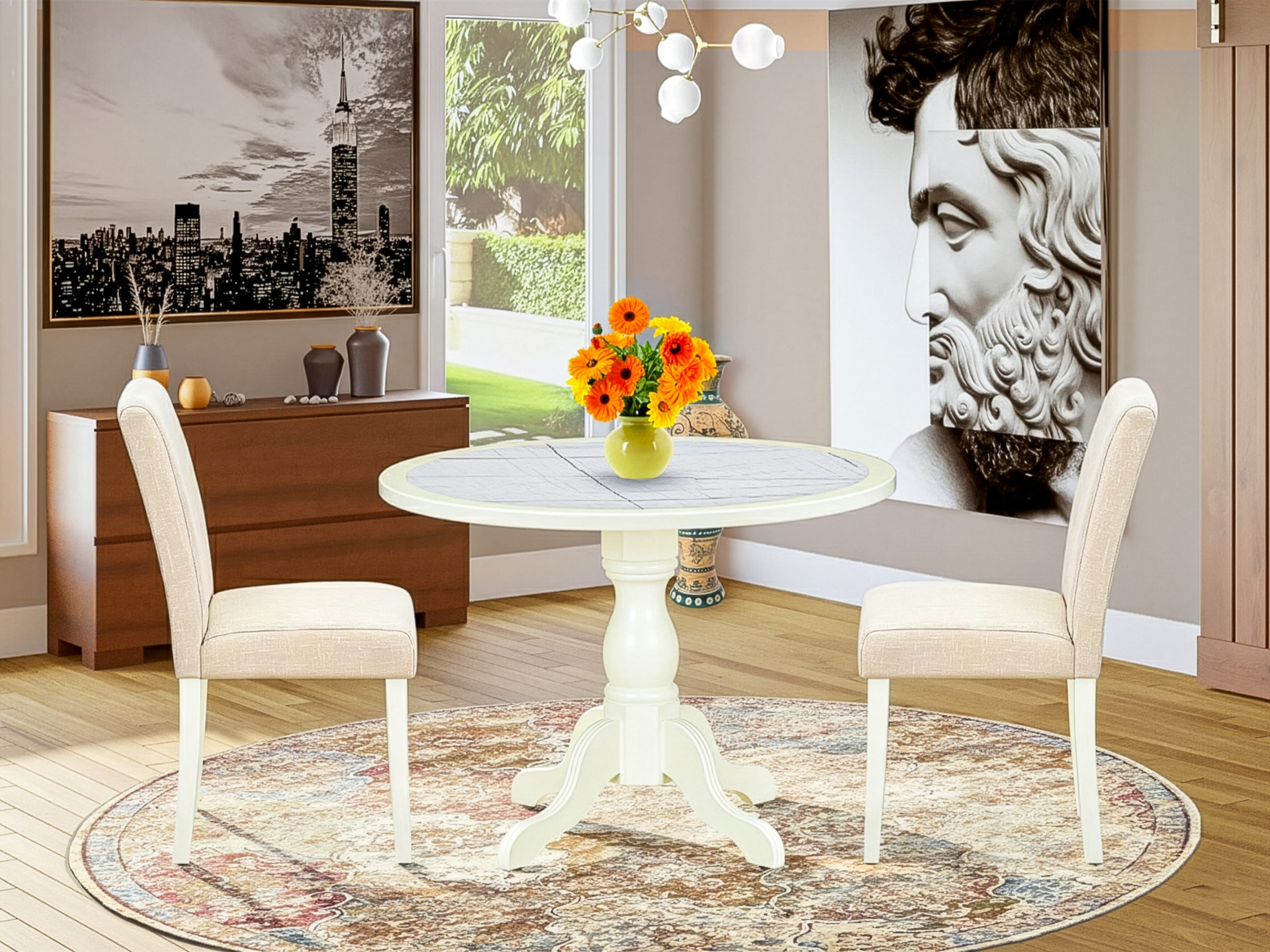 Luxe by East West Furniture 42AB3-208-02 -3 pc Modern Dining Table Set contains a Round Table and 2 Light Beige Linen Fabric Dining Room Chairs with High Back - Linen White