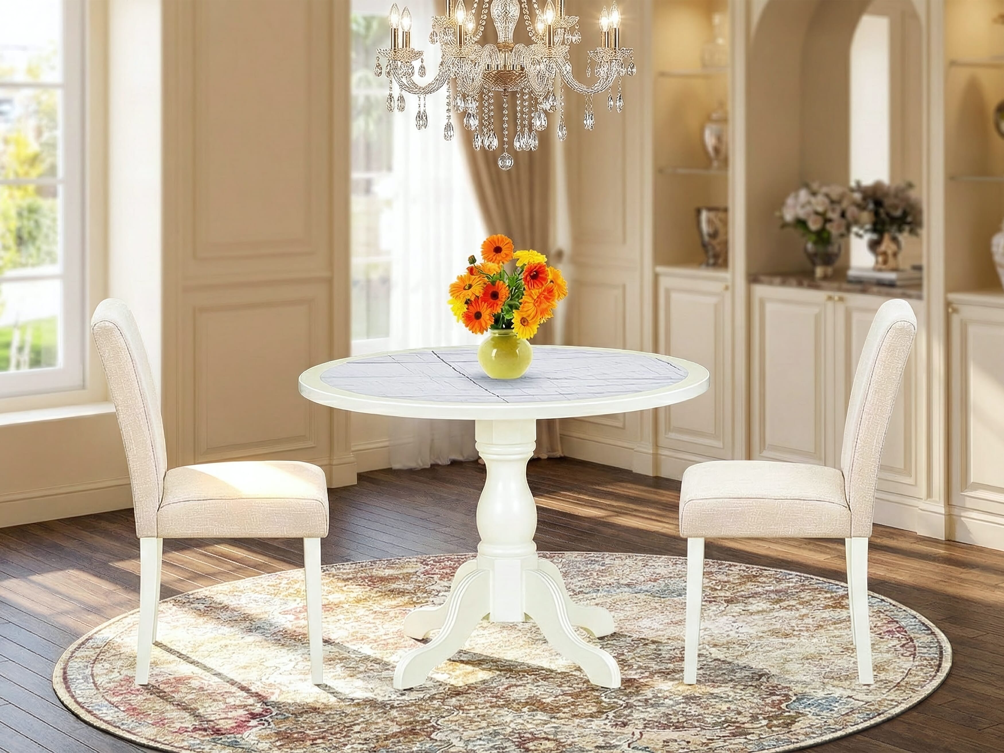 Luxe by East West Furniture 42AB3-208-02 -3 pc Modern Dining Table Set contains a Round Table and 2 Light Beige Linen Fabric Dining Room Chairs with High Back - Linen White