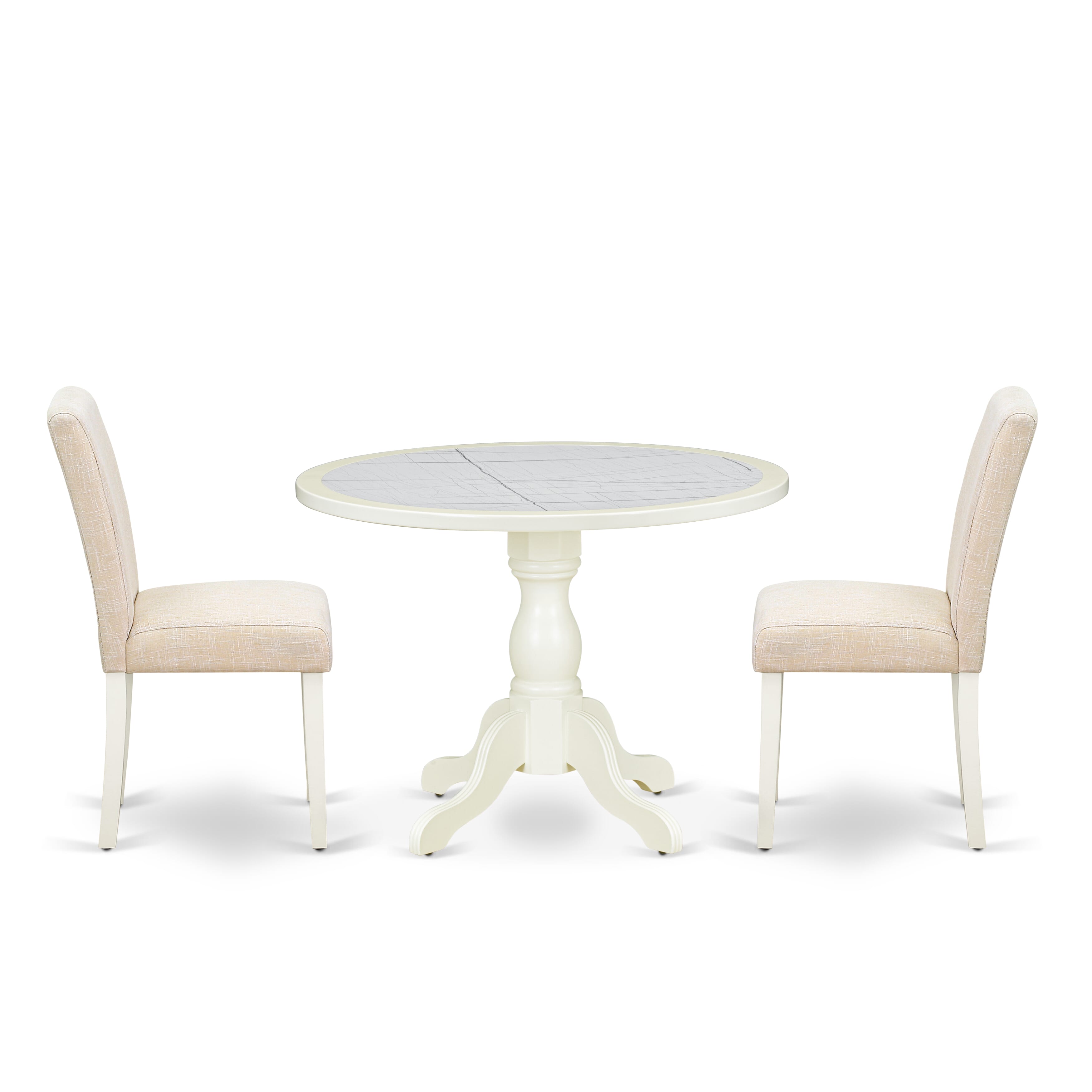 Luxe by East West Furniture 42AB3-208-02 -3 pc Modern Dining Table Set contains a Round Table and 2 Light Beige Linen Fabric Dining Room Chairs with High Back - Linen White