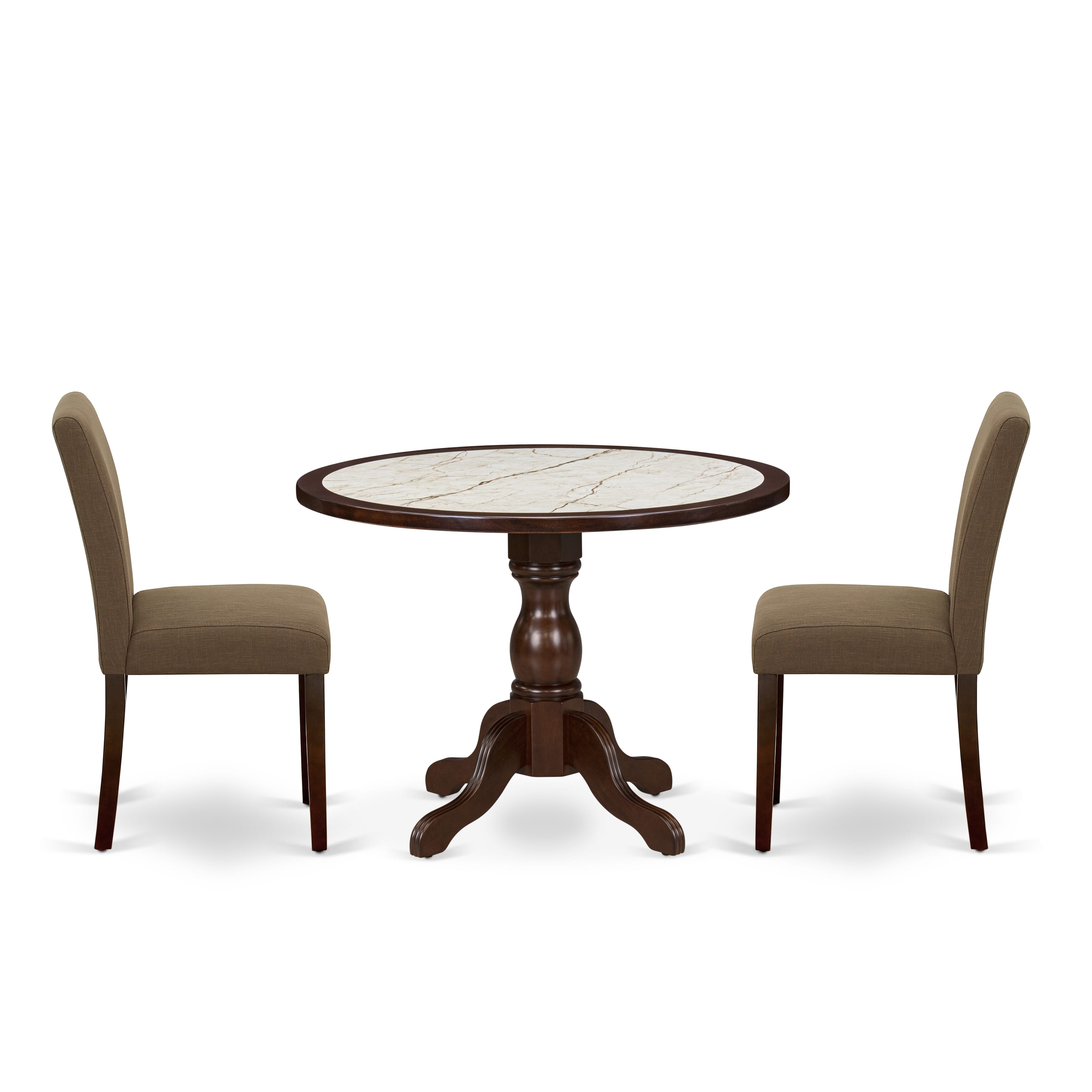 Luxe by East West Furniture 42AB3-307-18 3-piece kitchen set Consists a pedestal table and 2 High Back Parsons chairs with Coffee linen fabric, Mahogany finish.