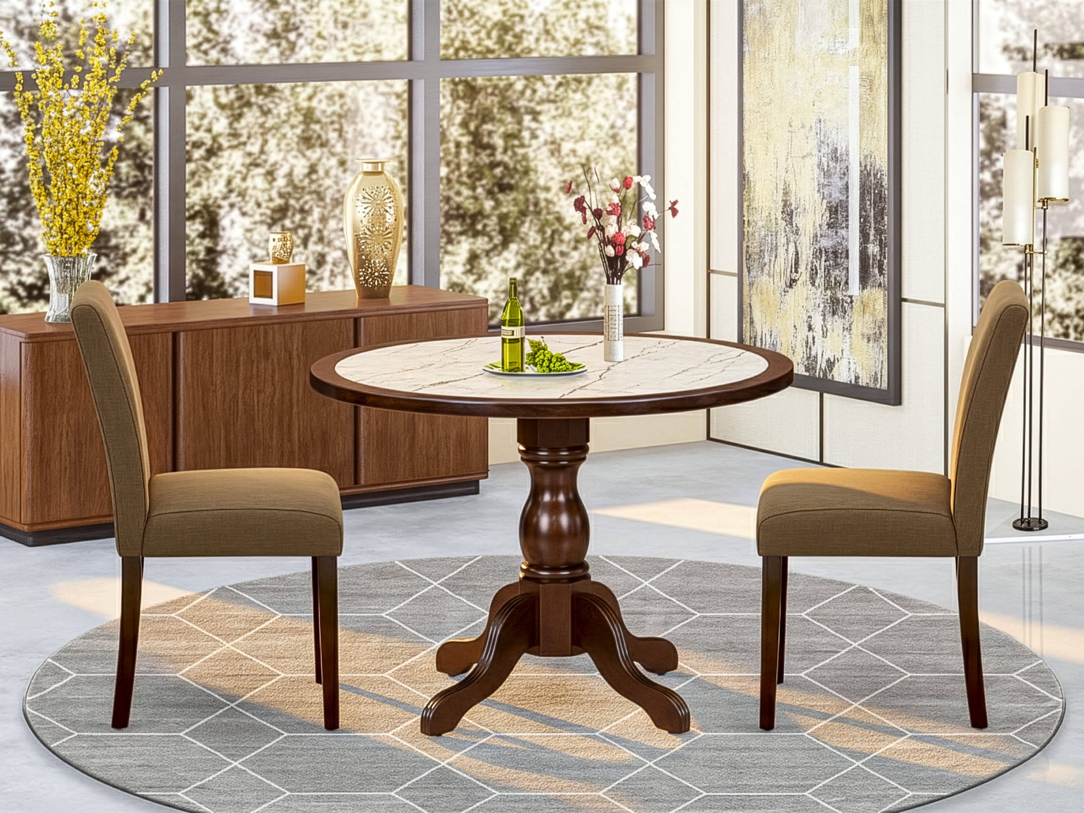 Luxe by East West Furniture 42AB3-307-18 3-piece kitchen set Consists a pedestal table and 2 High Back Parsons chairs with Coffee linen fabric, Mahogany finish.