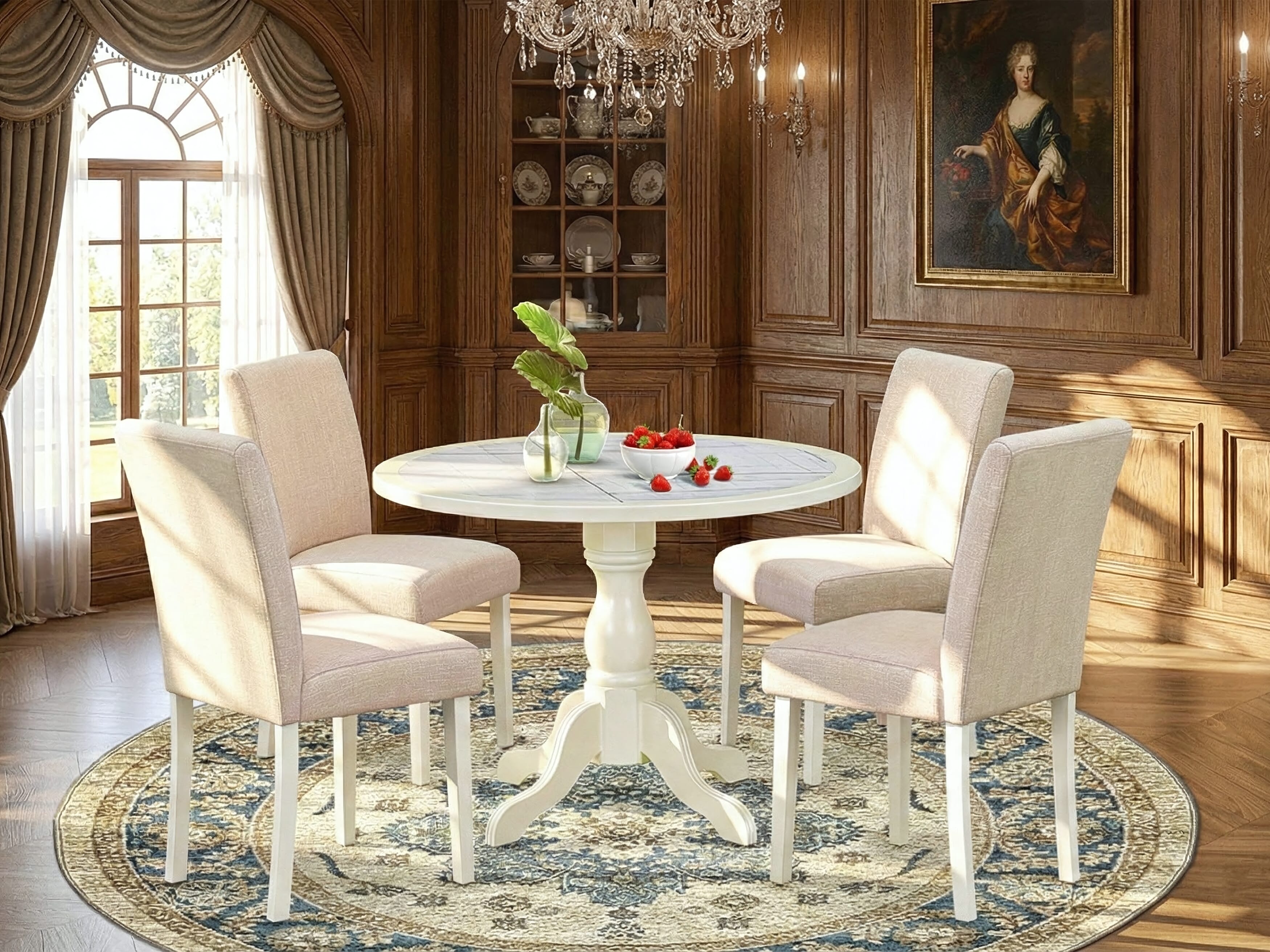 Luxe by East West Furniture 42AB5-208-02 -5 pc Modern Dining Set Includes a Round Table and 4 Light Beige Linen Fabric Kitchen Chairs with High Back - Linen White