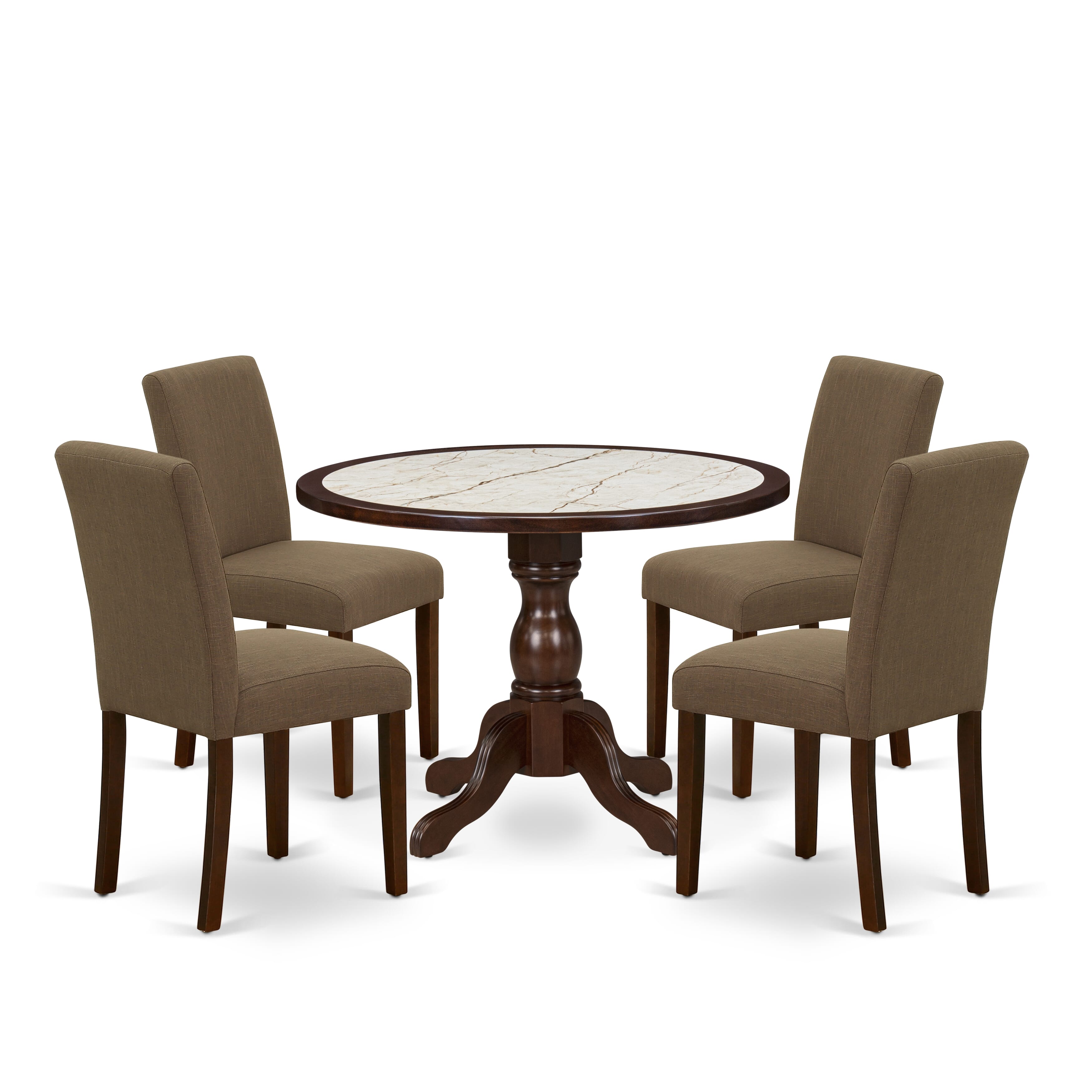 Luxe by East West Furniture 42AB5-307-18 5-piece dining table set includes a pedestal dining table and 4 High Back Parsons chairs with Coffee linen fabric, Mahogany finish.