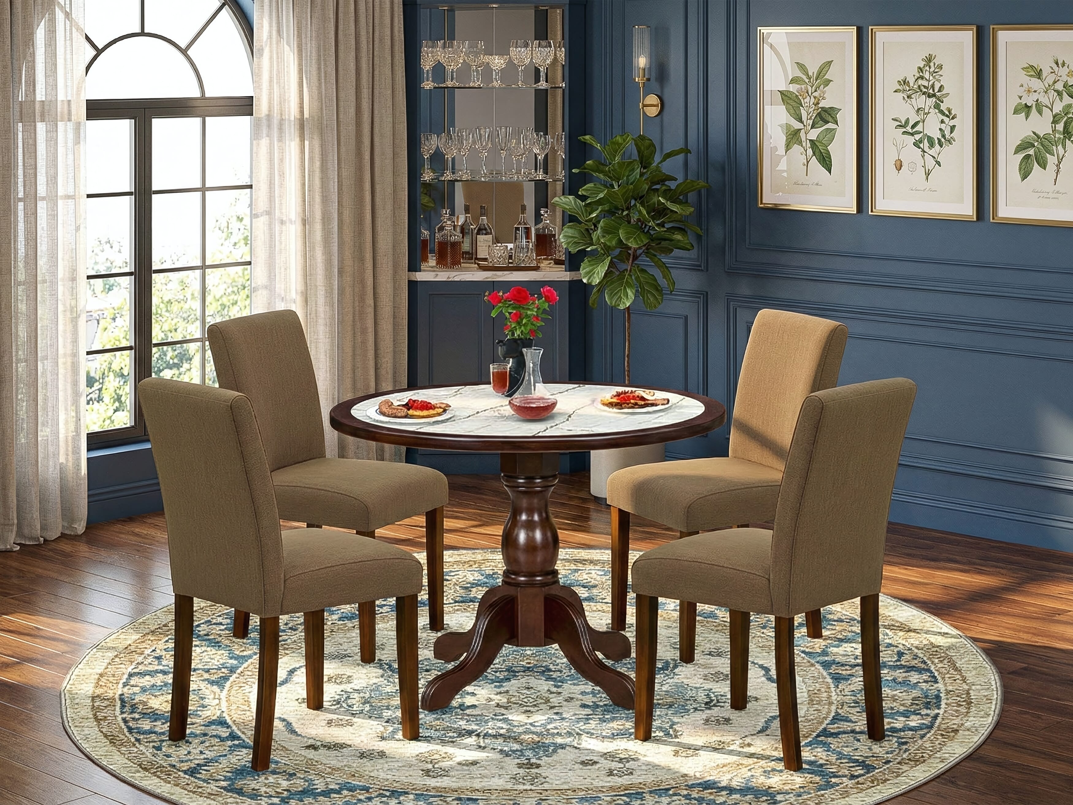 Luxe by East West Furniture 42AB5-307-18 5-piece dining table set includes a pedestal dining table and 4 High Back Parsons chairs with Coffee linen fabric, Mahogany finish.