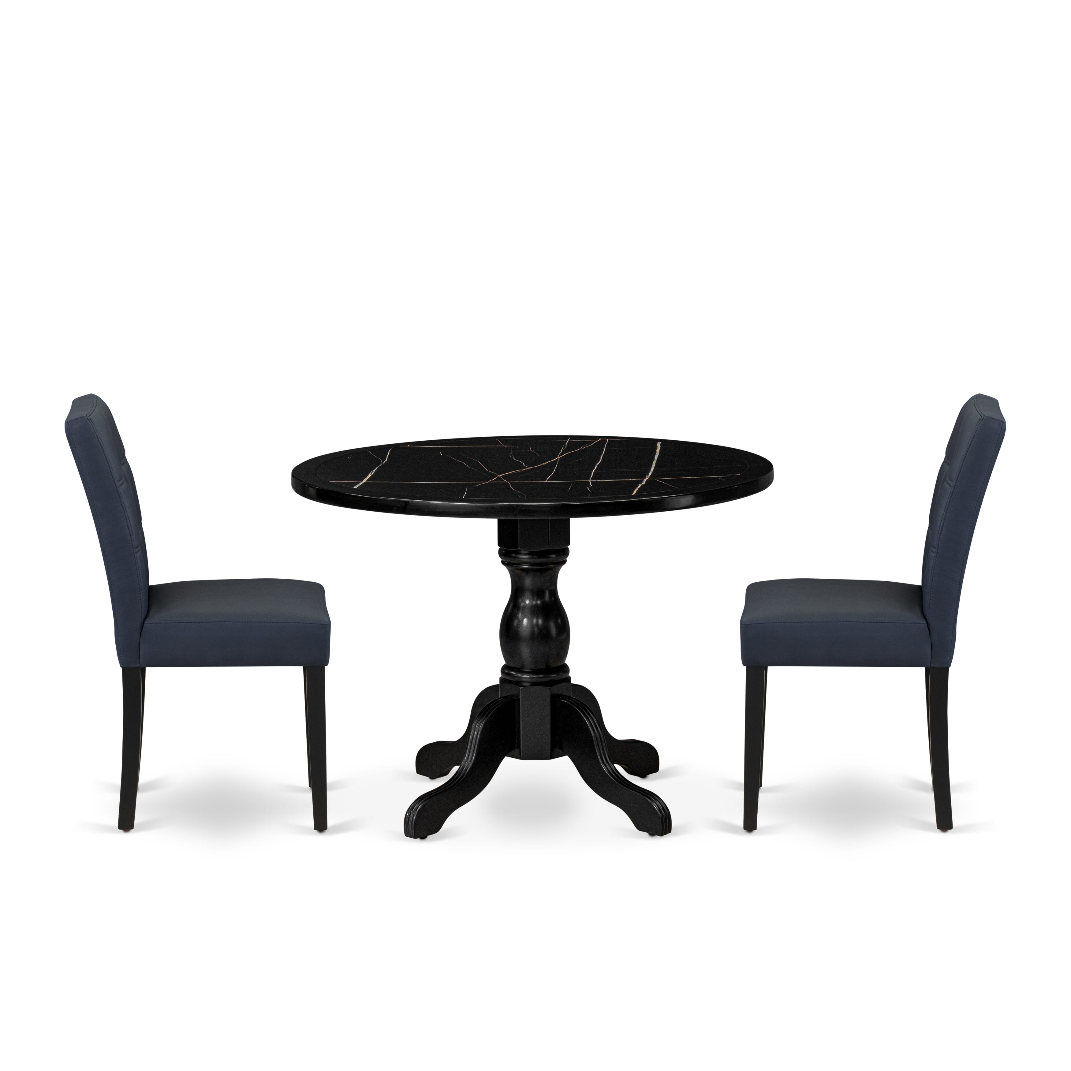 Luxe by East West Furniture 42AS3-103-09 -3 pc Dining Room Table Set Includes a Round Table and 2 Dark Navy Blue Faux Leather Dining Chairs with Stylish Back - Wire brushed Black