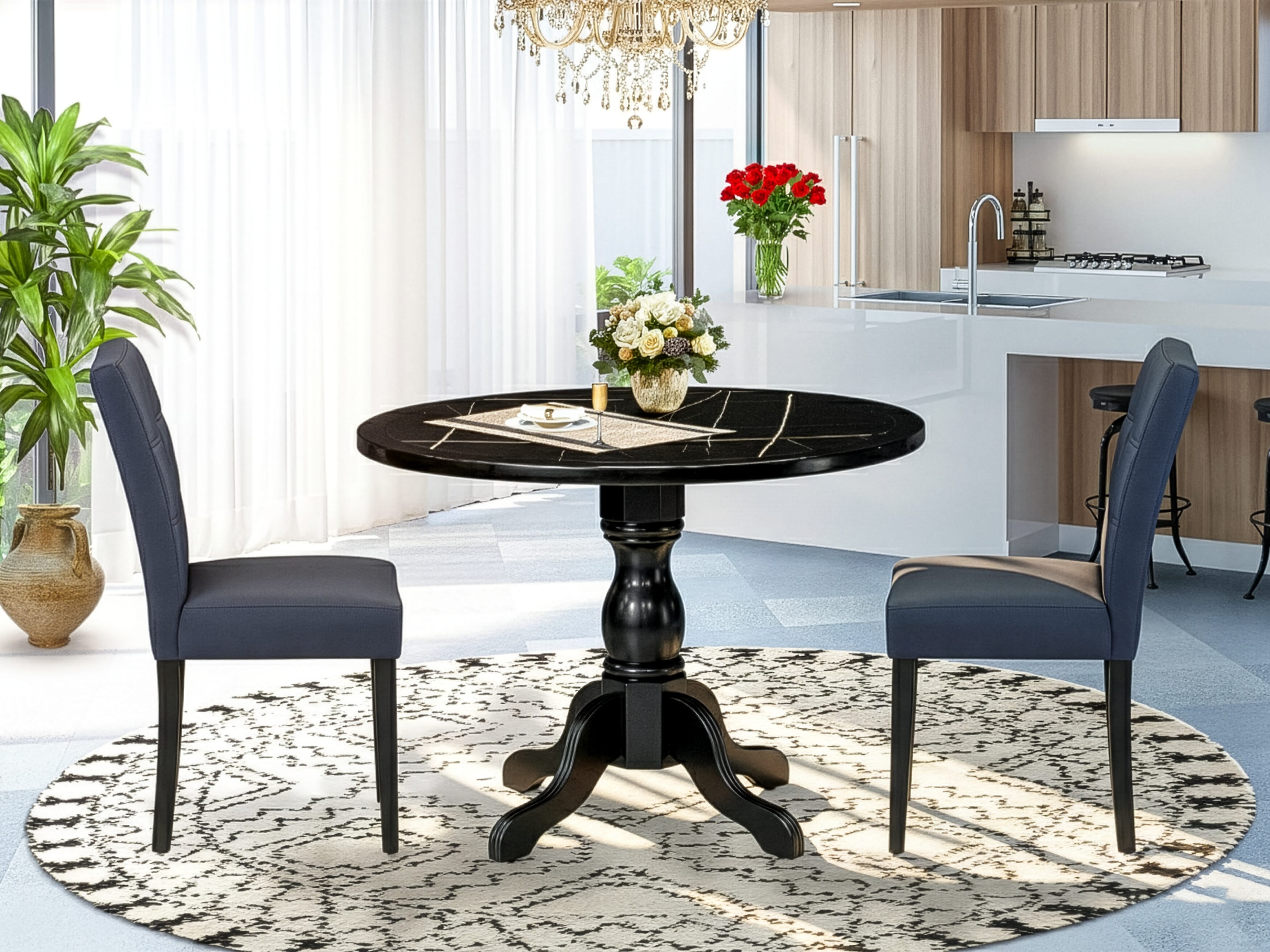 Luxe by East West Furniture 42AS3-103-09 -3 pc Dining Room Table Set Includes a Round Table and 2 Dark Navy Blue Faux Leather Dining Chairs with Stylish Back - Wire brushed Black