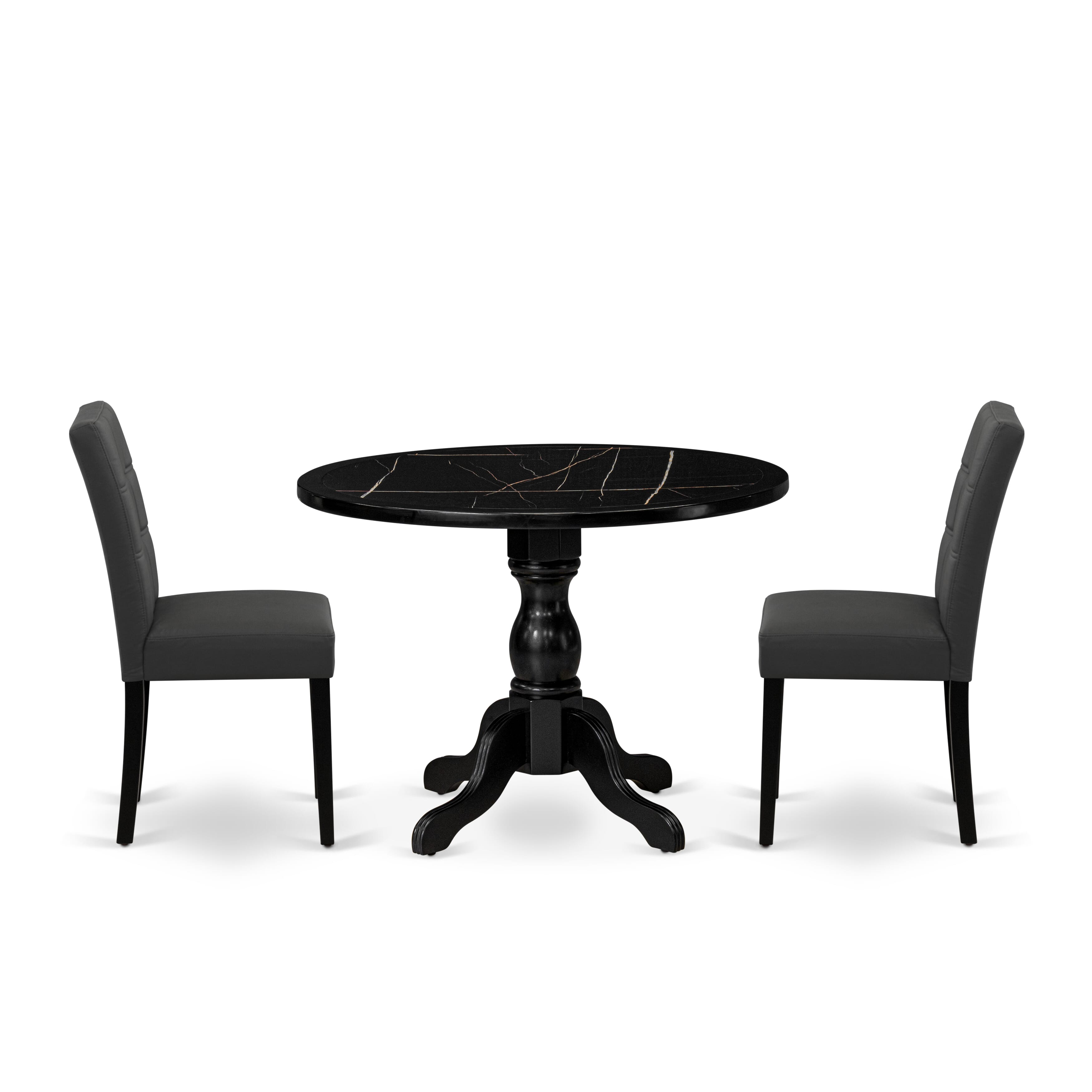Luxe by East West Furniture 42AS3-103-12 -3 pc Kitchen Table Set contains a Round Table and 2 Dark Gray Faux Leather Kitchen Chairs with Stylish Back - Wire brushed Black