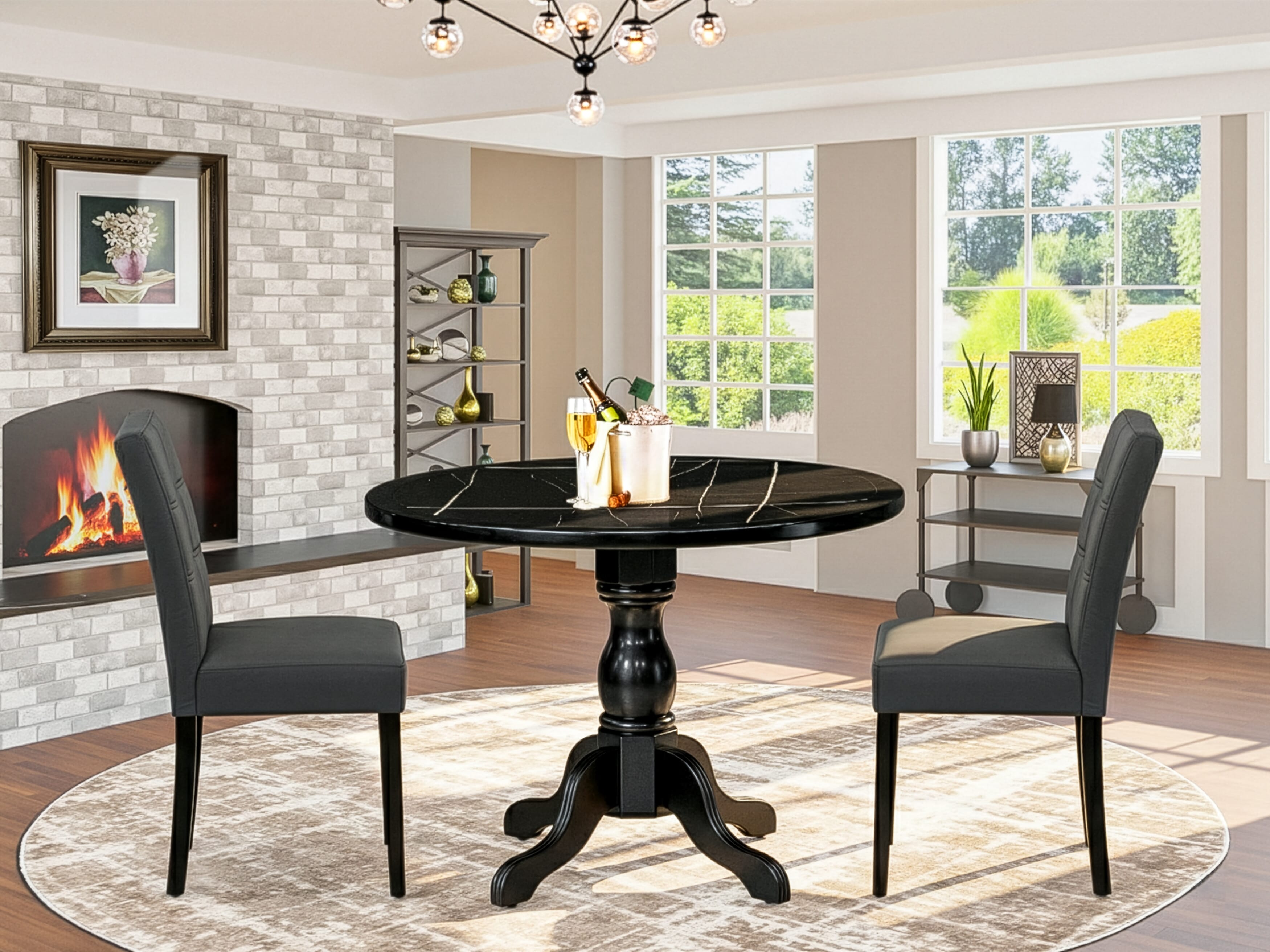 Luxe by East West Furniture 42AS3-103-12 -3 pc Kitchen Table Set contains a Round Table and 2 Dark Gray Faux Leather Kitchen Chairs with Stylish Back - Wire brushed Black