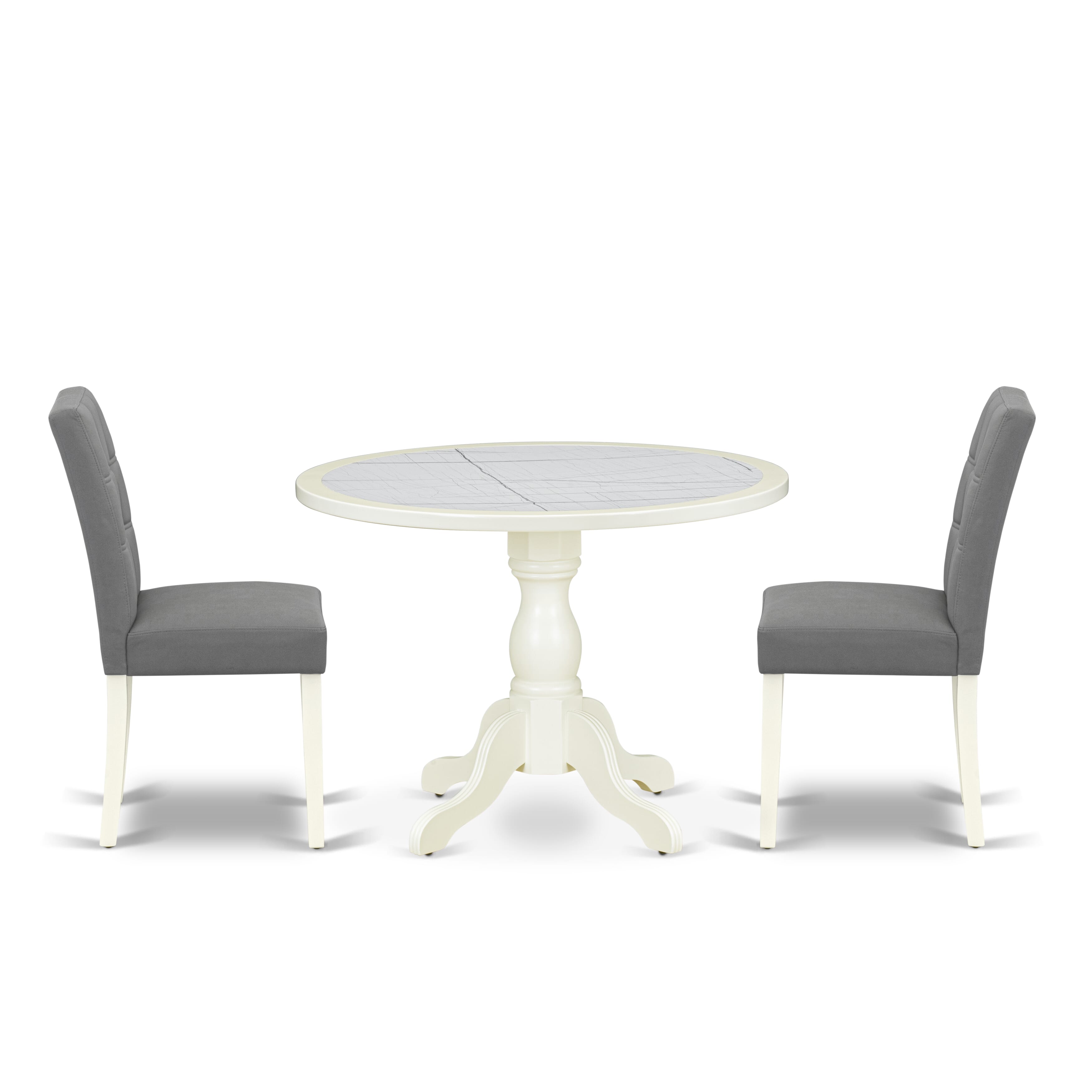 Luxe by East West Furniture 42AS3-208-41 -3 pc Mid-Century Dining Set consists of a Round Table and 2 Platinum Gray Faux Leather Dining Chair with Stylish Back - Linen White