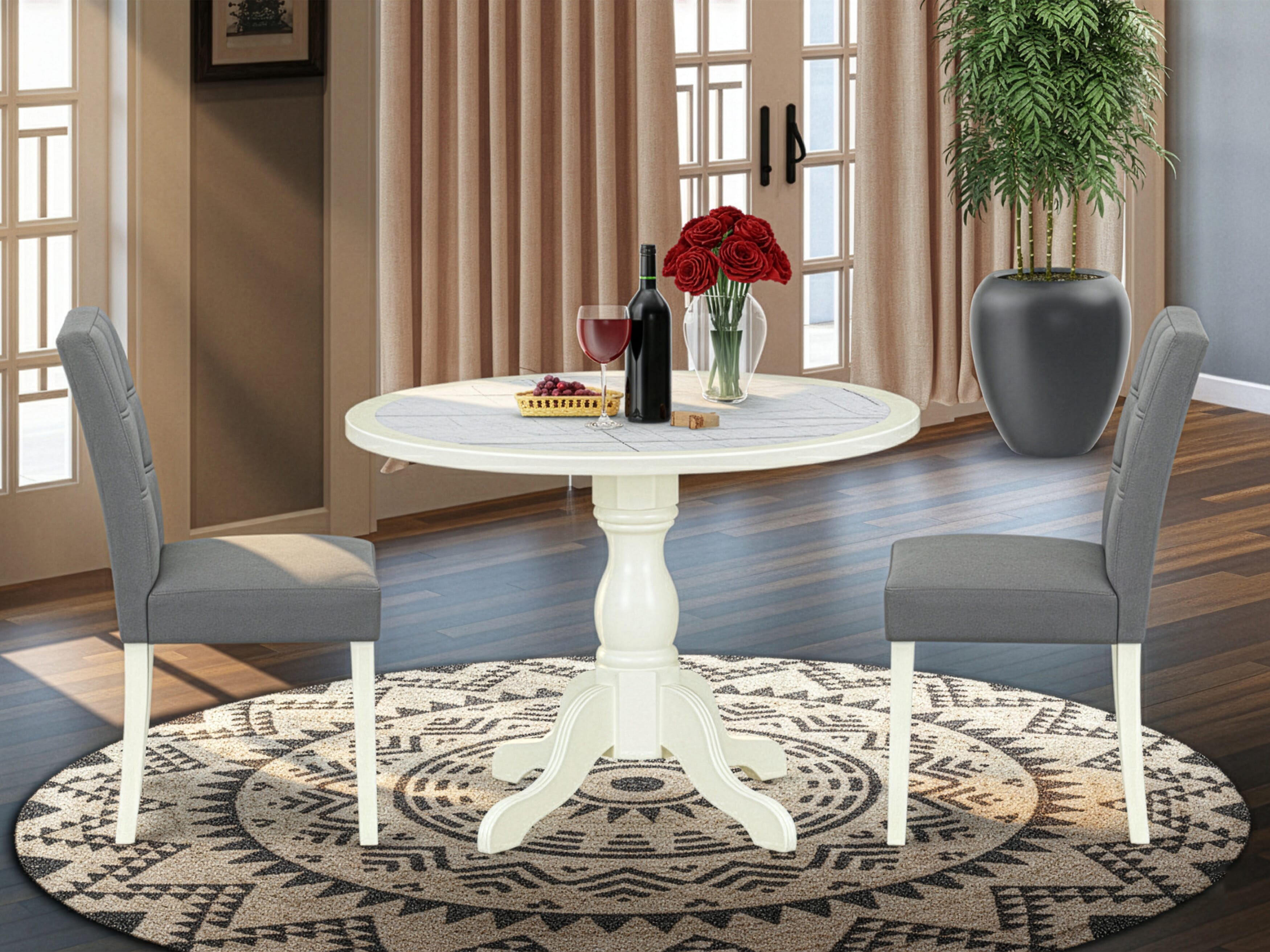 Luxe by East West Furniture 42AS3-208-41 -3 pc Mid-Century Dining Set consists of a Round Table and 2 Platinum Gray Faux Leather Dining Chair with Stylish Back - Linen White