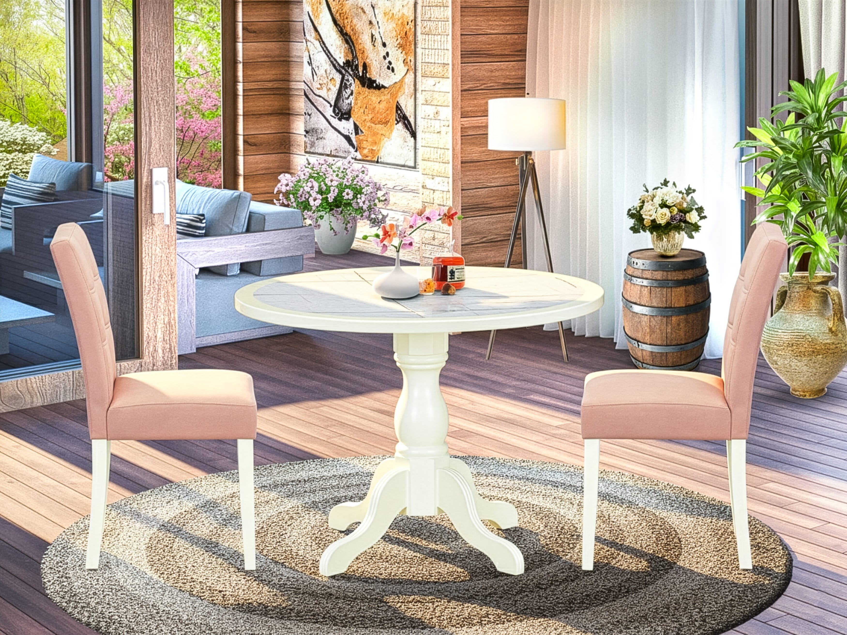 Luxe by East West Furniture 42AS3-208-42 -3 pc Kitchen Dining Table Set Includes a Round Table and 2 Beige Red Faux Leather Mid Century Modern Dining Chairs with Stylish Back - Linen White