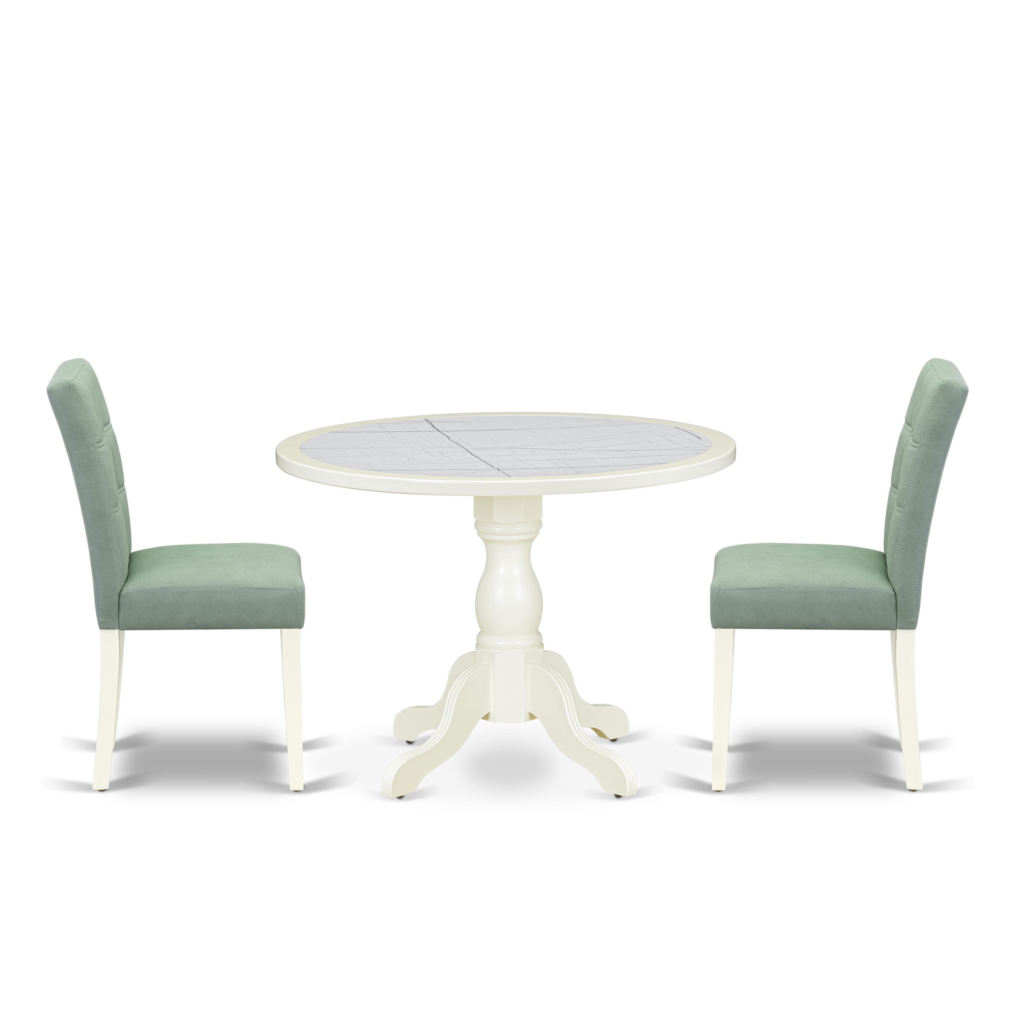 Luxe by East West Furniture 42AS3-208-43 -3 pc Dinner Table Set contains a Round Table and 2 Willow Green Faux Leather Modern Dining Chair with Stylish Back - Linen White