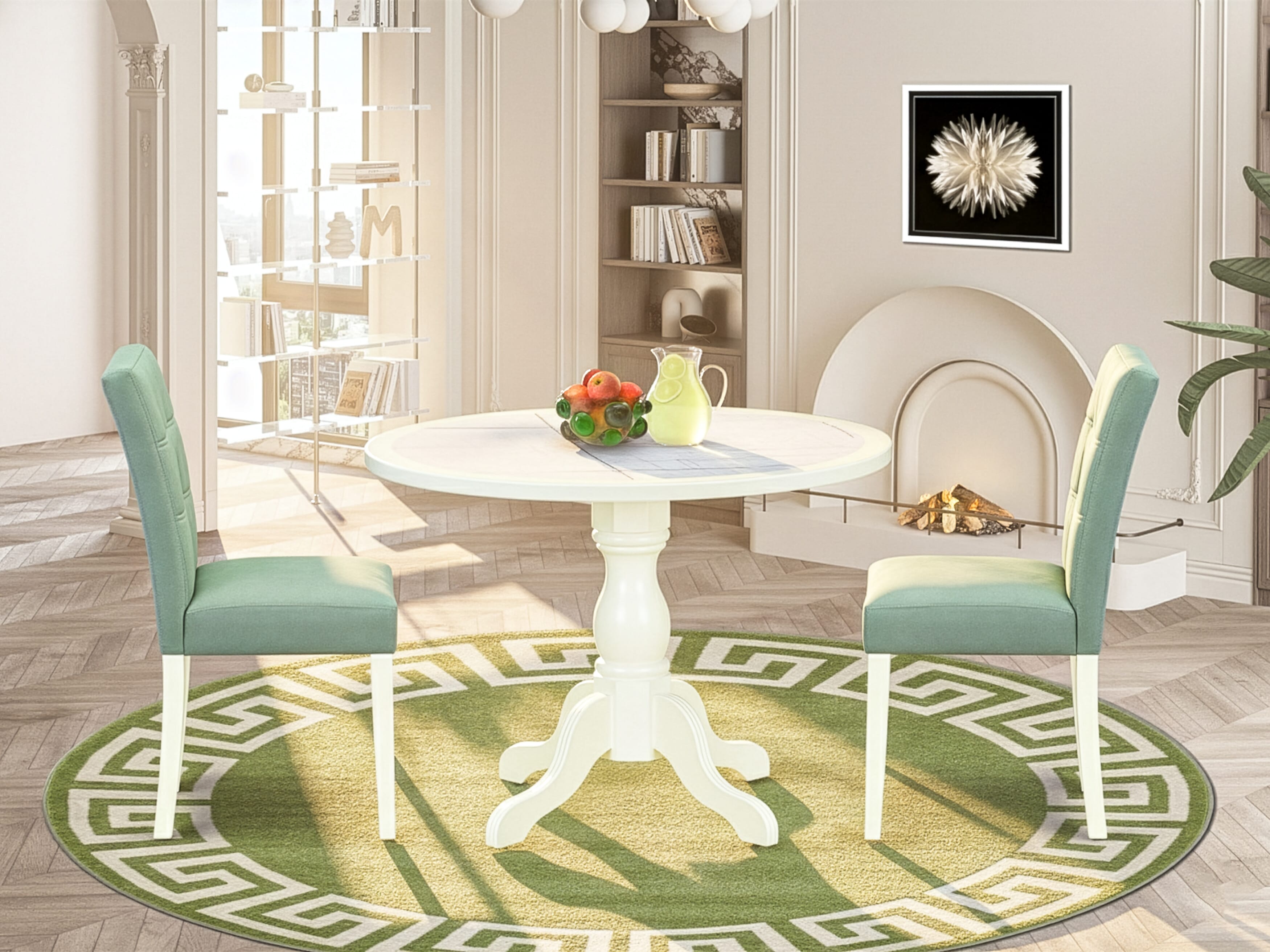 Luxe by East West Furniture 42AS3-208-43 -3 pc Dinner Table Set contains a Round Table and 2 Willow Green Faux Leather Modern Dining Chair with Stylish Back - Linen White