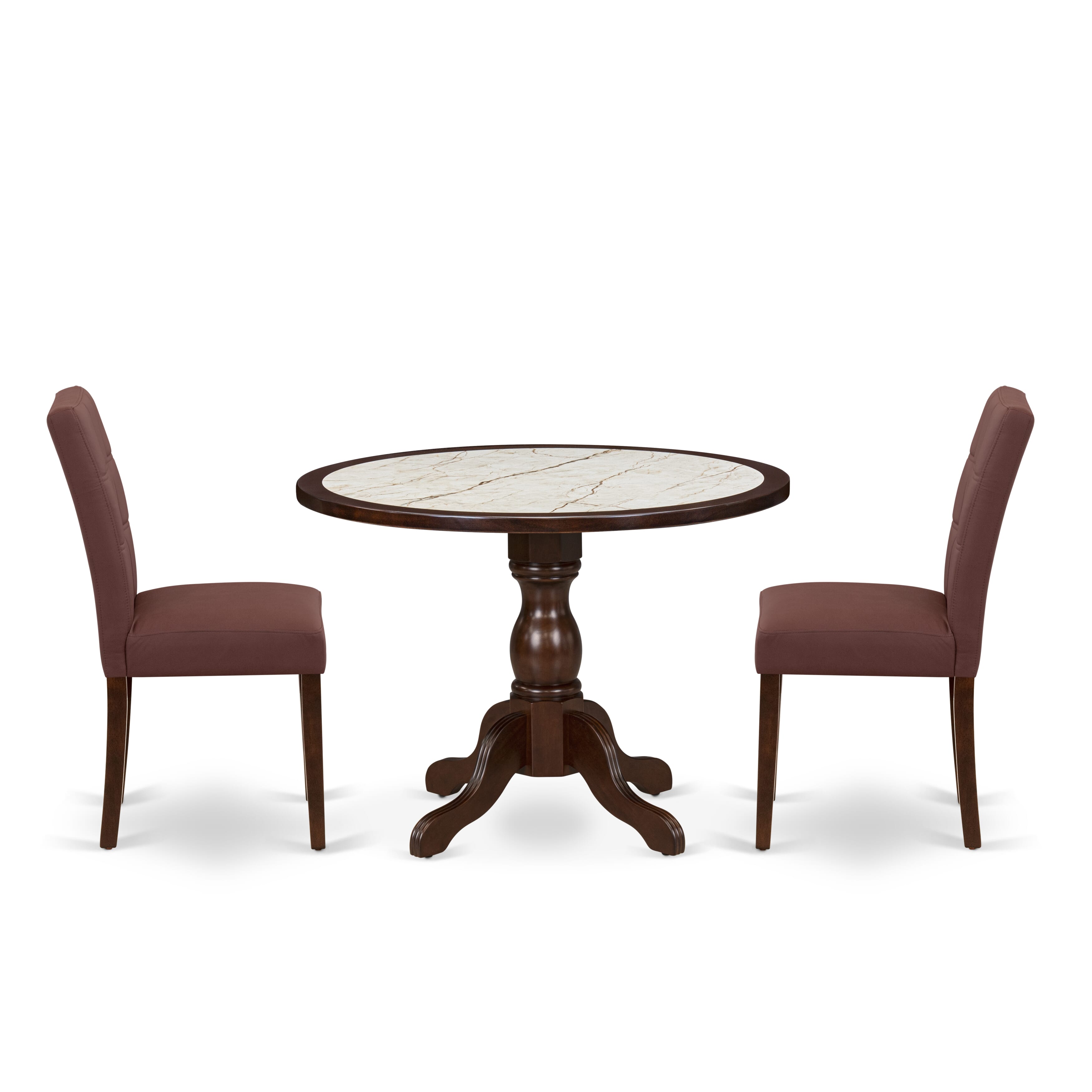 Luxe by East West Furniture 42AS3-307-26 3-piece mid-century kitchen set Consists a round pedestal kitchen table and 2 Stylish Back Parsons chairs with Burgundy linen fabric, Mahogany finish.
