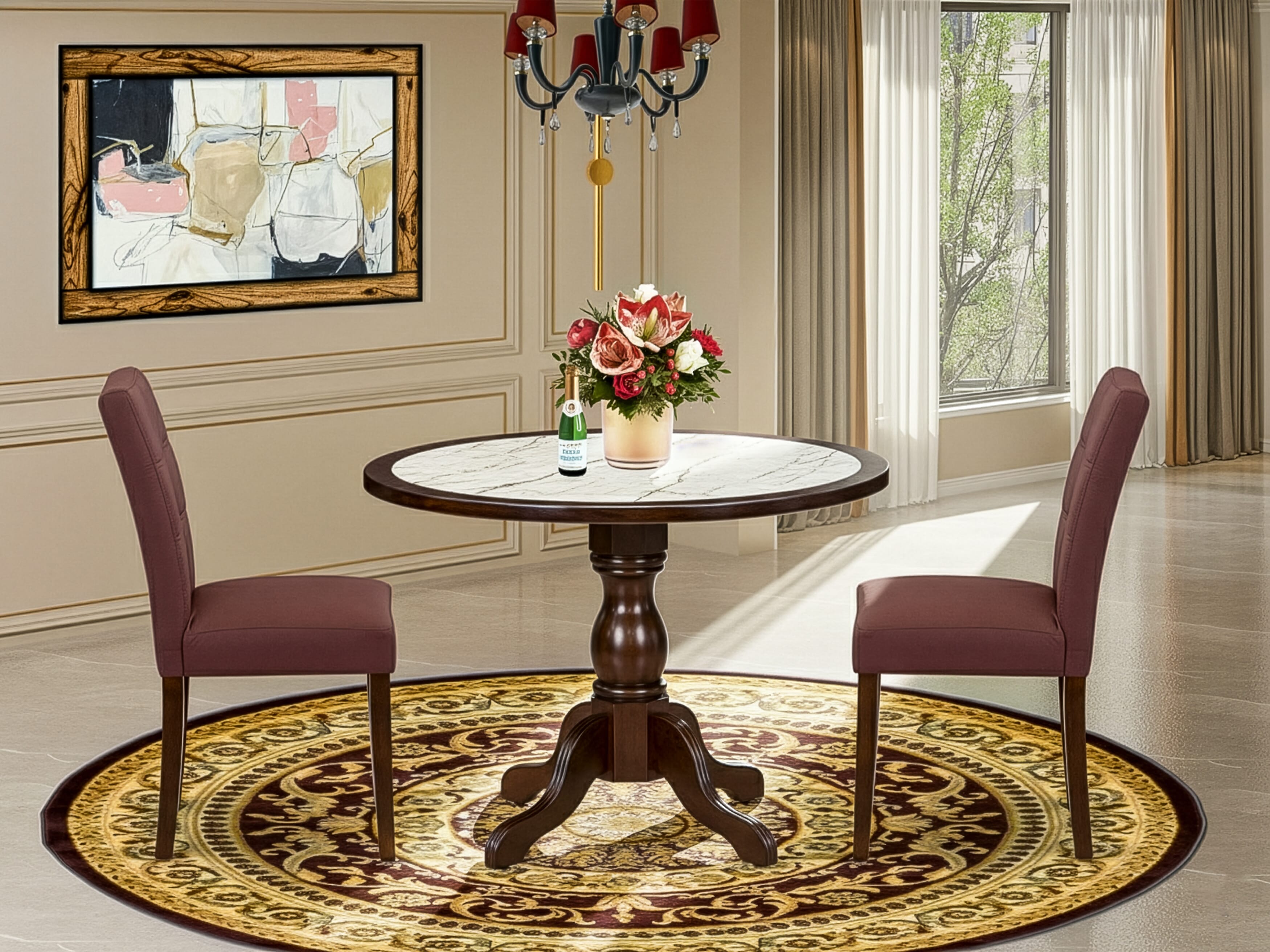 Luxe by East West Furniture 42AS3-307-26 3-piece mid-century kitchen set Consists a round pedestal kitchen table and 2 Stylish Back Parsons chairs with Burgundy linen fabric, Mahogany finish.