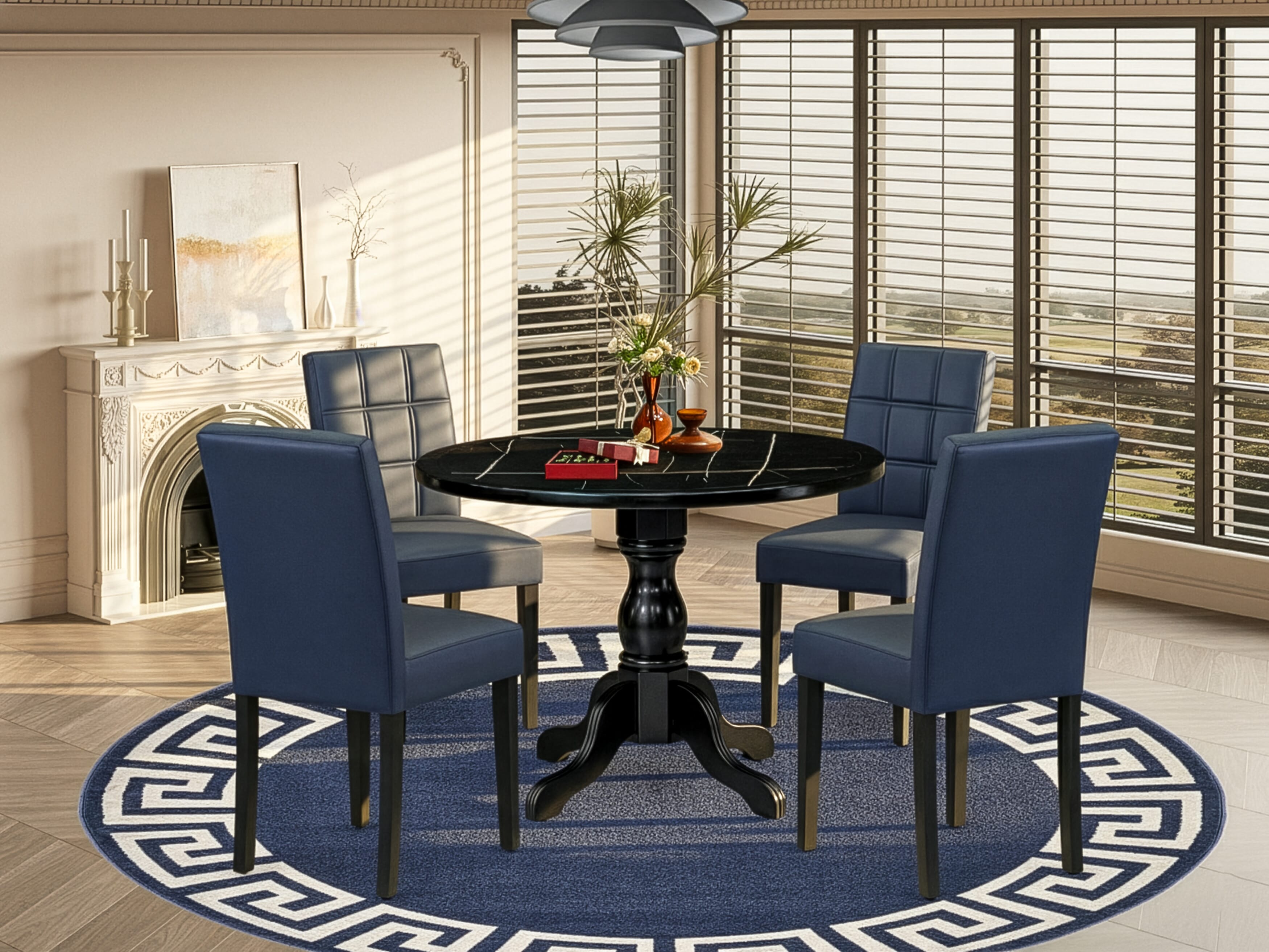 Luxe by East West Furniture 42AS5-103-09 -5 pc Dining Table Set consists of a Round Table and 4 Dark Navy Blue Faux Leather Dining Room Chairs with Stylish Back - Wire brushed Black