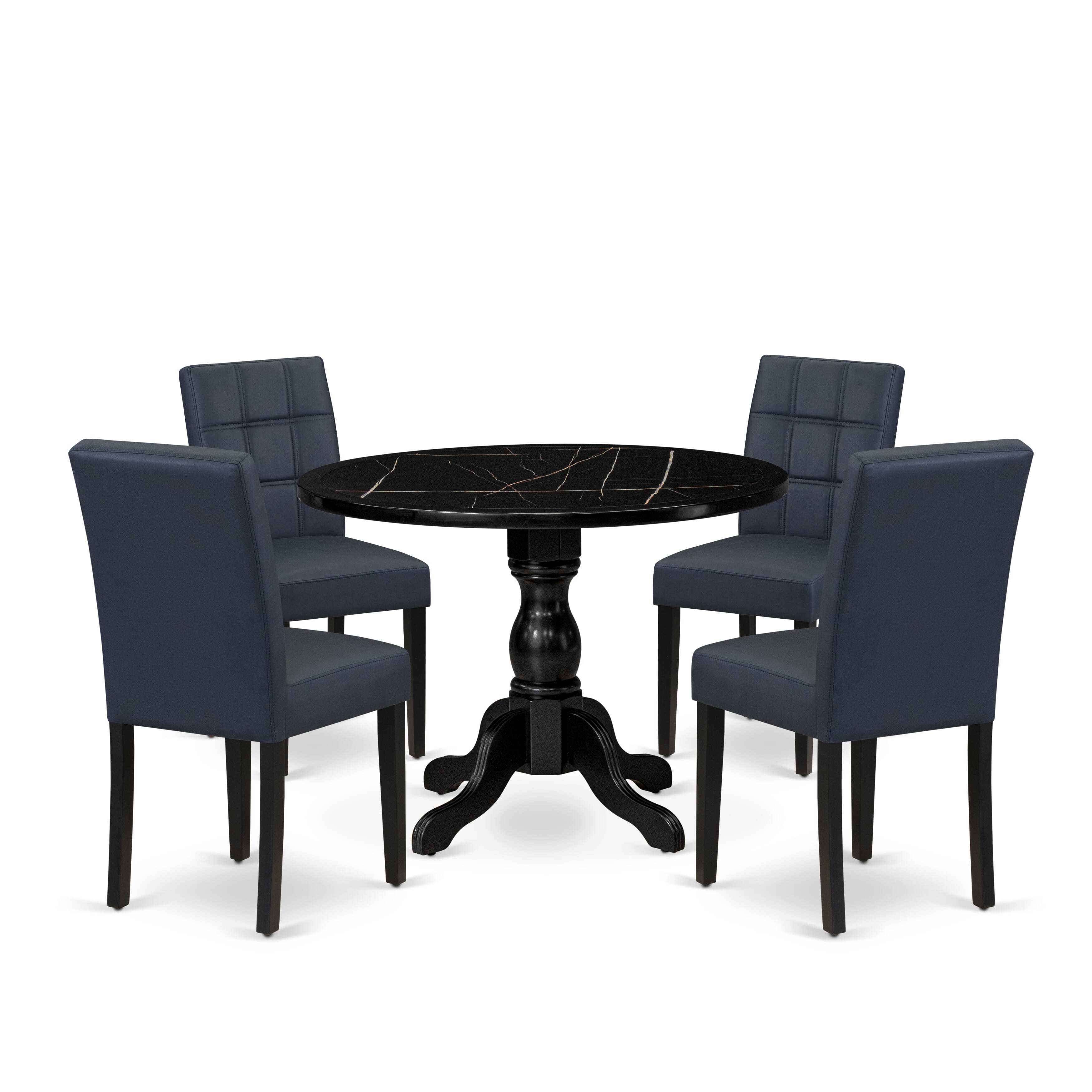 Luxe by East West Furniture 42AS5-103-09 -5 pc Dining Table Set consists of a Round Table and 4 Dark Navy Blue Faux Leather Dining Room Chairs with Stylish Back - Wire brushed Black