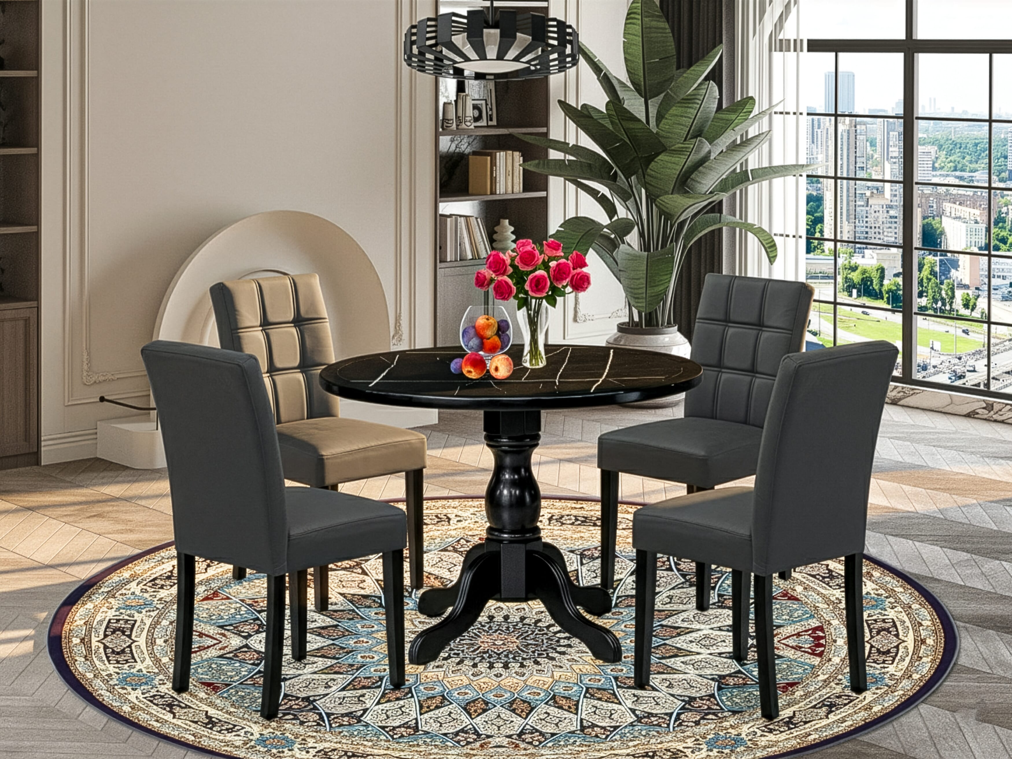 Luxe by East West Furniture 42AS5-103-12 -5 pc Dining Set Includes a Round Table and 4 Dark Gray Faux Leather Dining Chair with Stylish Back - Wire brushed Black