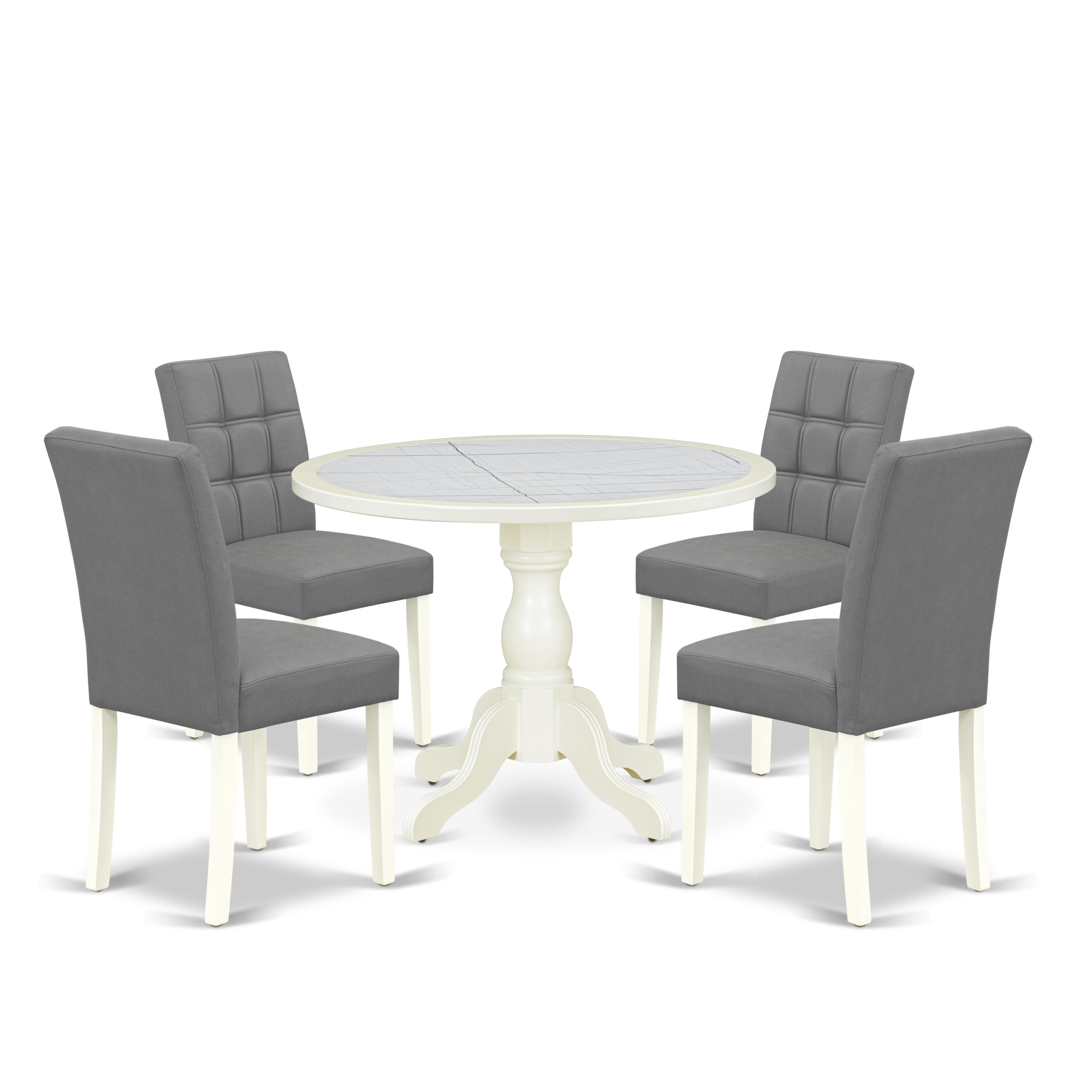 Luxe by East West Furniture 42AS5-208-41 -5 pc Mid-Century Modern Dining Set contains a Round Table and 4 Platinum Gray Faux Leather Mid Century Modern Chair with Stylish Back - Linen White
