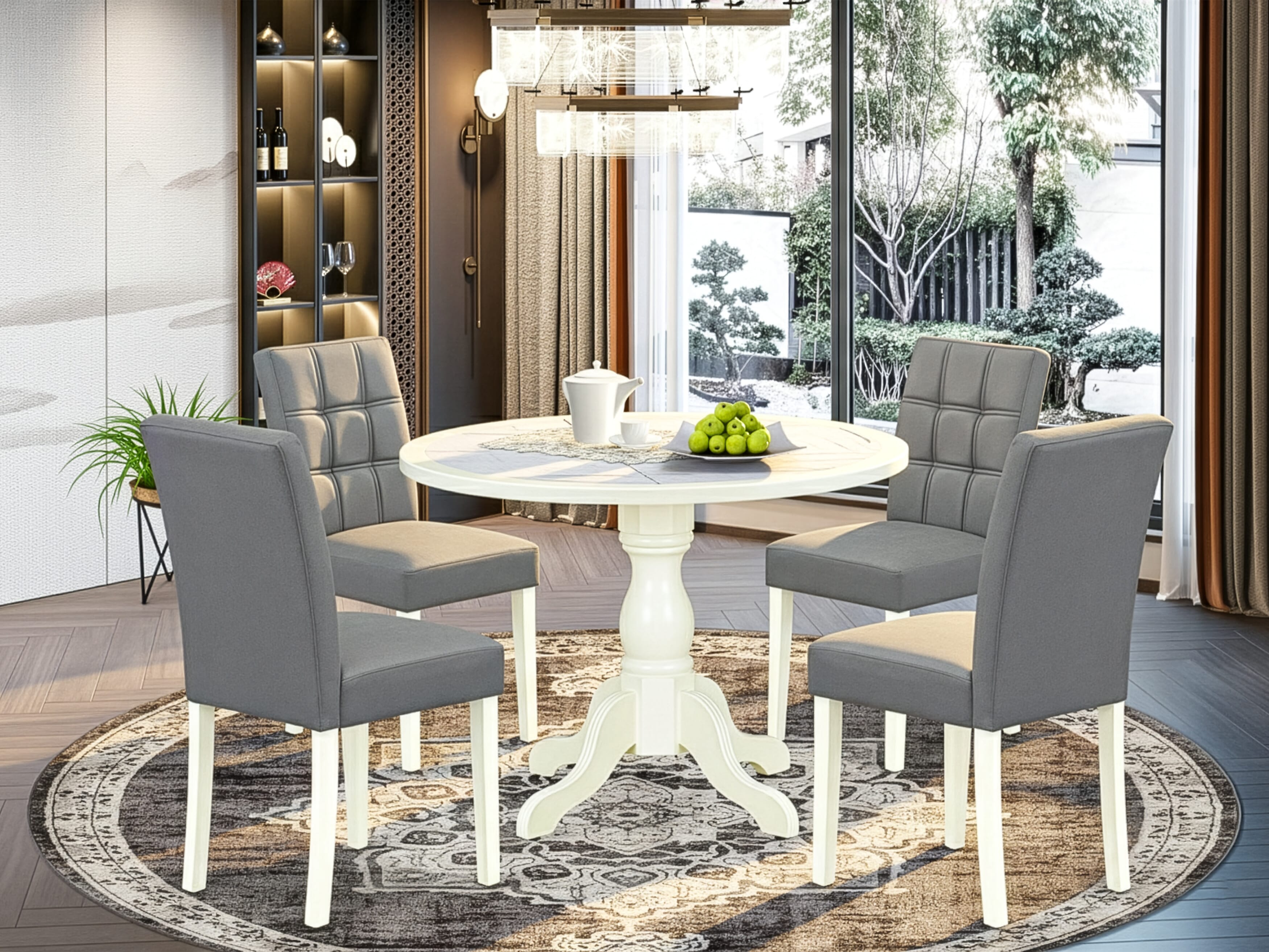 Luxe by East West Furniture 42AS5-208-41 -5 pc Mid-Century Modern Dining Set contains a Round Table and 4 Platinum Gray Faux Leather Mid Century Modern Chair with Stylish Back - Linen White